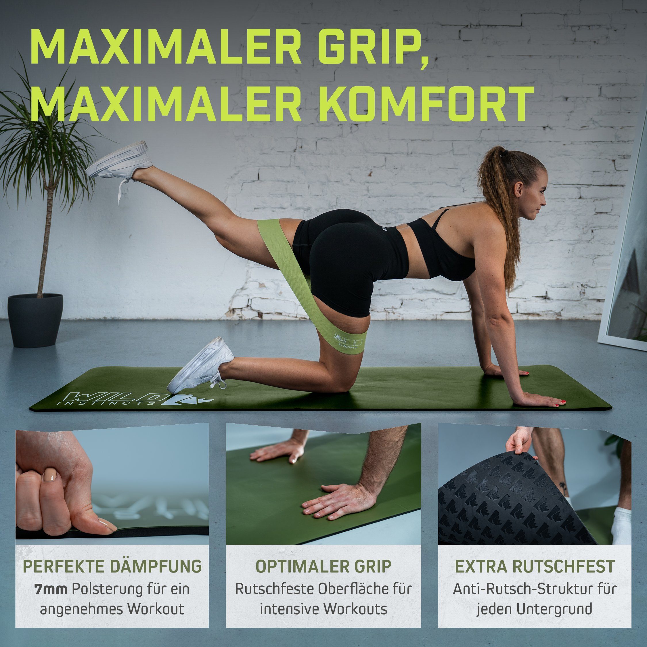 66 Instincts Green Fitnessmatte Matte/Rutschfest 7mm/Sport 185cm Wild cm Olive & Pulse, x Matte/Workout