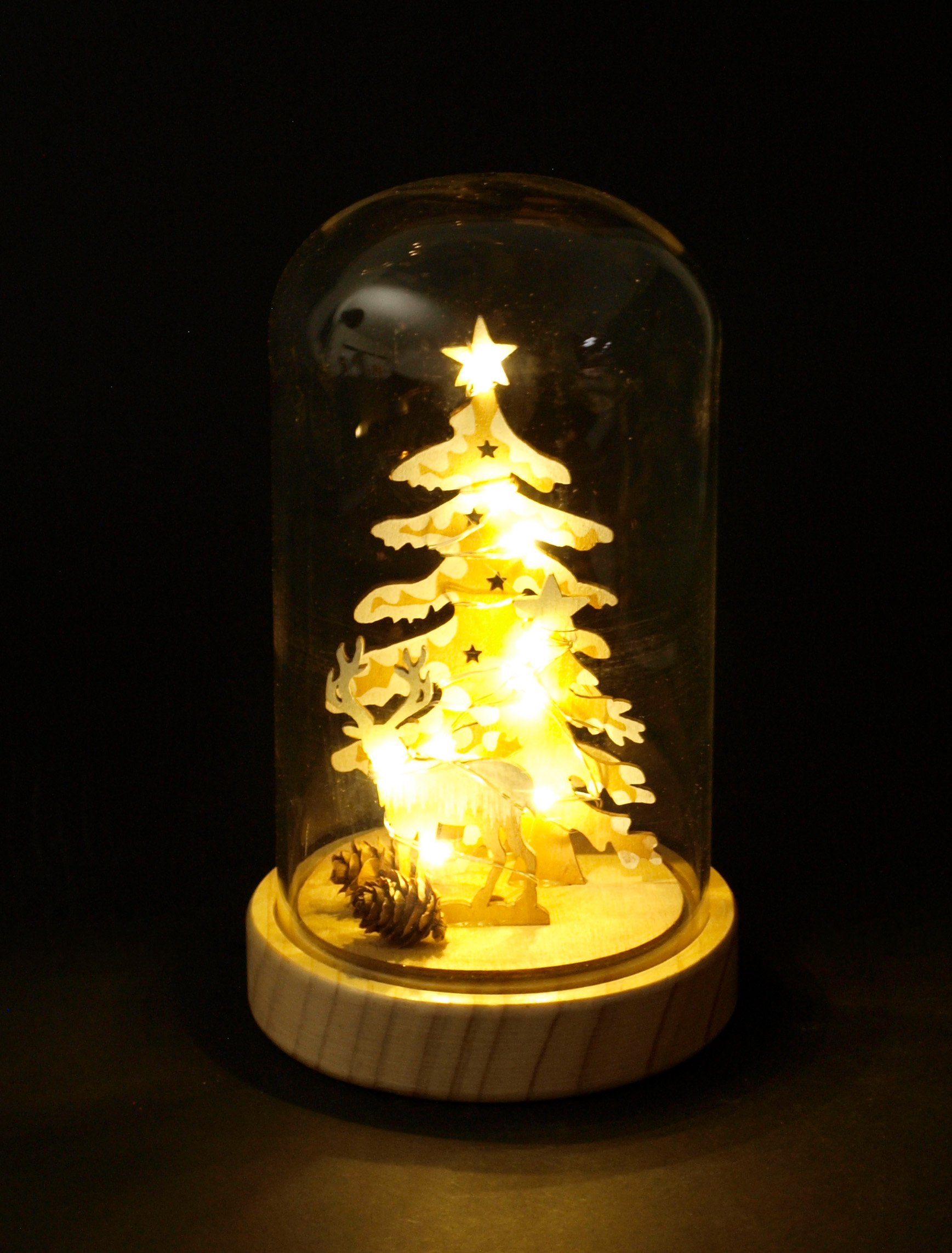 DEGAMO Weihnachtsszene Dekoglocke LED und warmweiss, Motiv 20cm, Bäume Höhe Hirsch, 10 Batterie