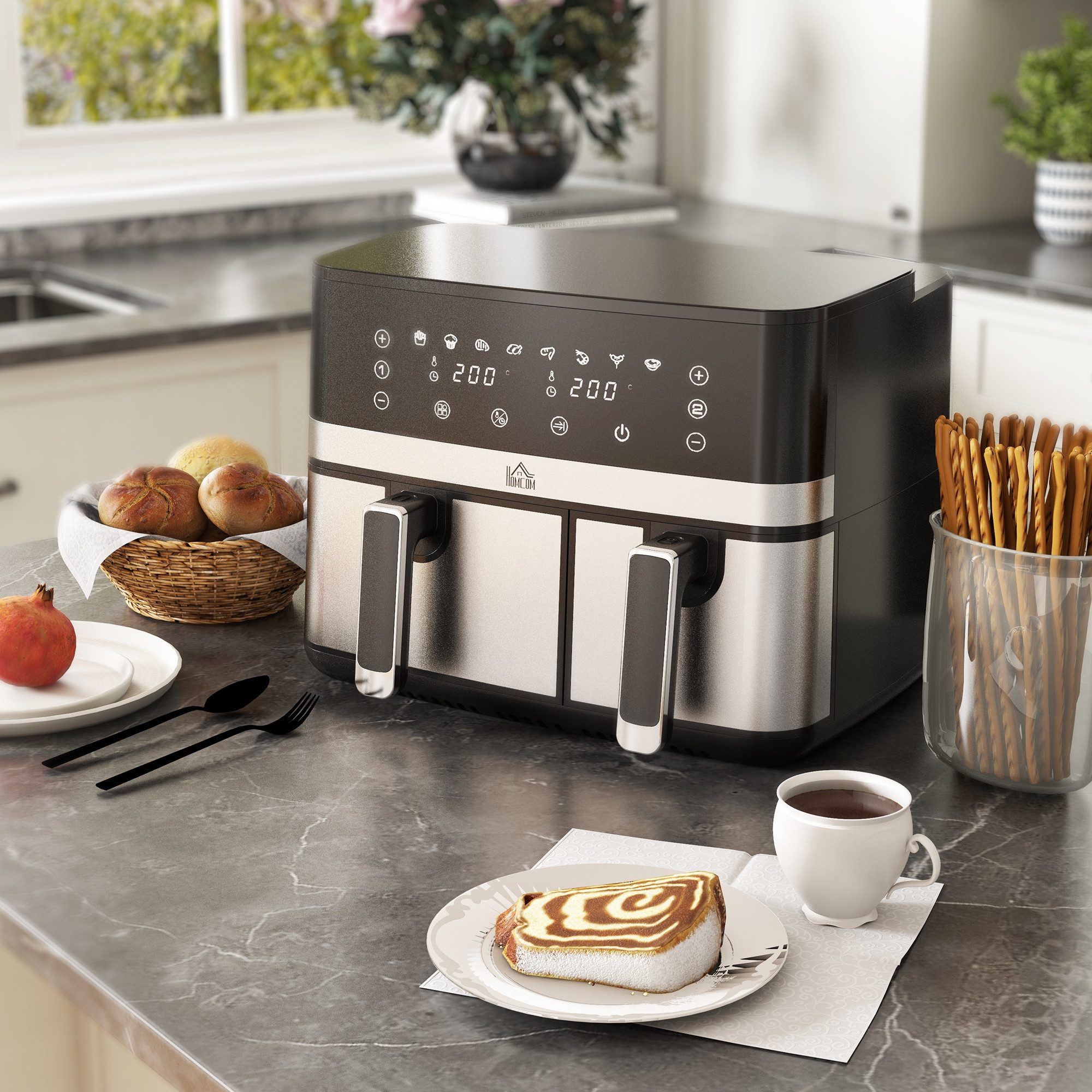 HOMCOM Heißluftfritteuse, 2700 W, mit Antihaftbeschichtung, Touchscreen, Smart und Timer-Funktion