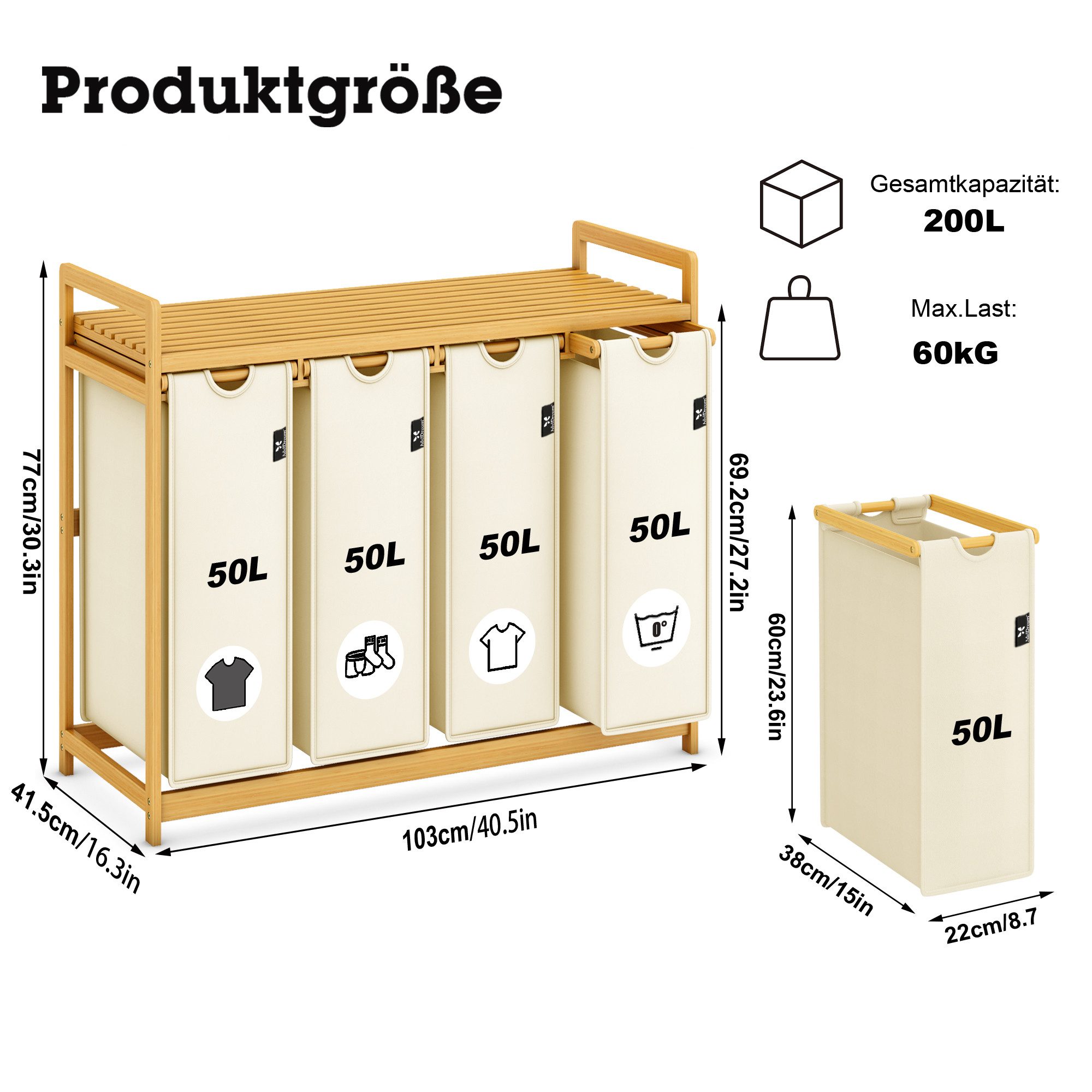 AdelDream Wäschekorb mit Bambusrahmen,200 l, 4 Fächer,Wäschesortierer günstig online kaufen