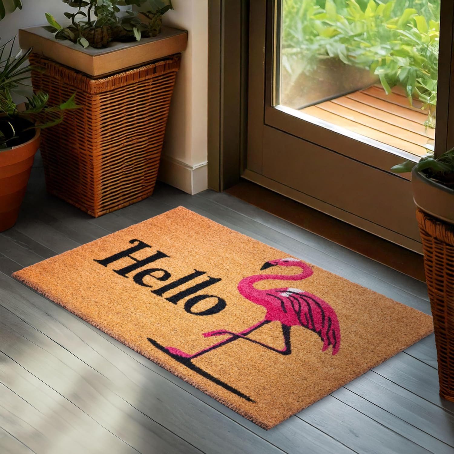 BRUBAKER Fußmatte 45 x 75 cm - Hello Flamingo - Schmutzfangmatte - Braun und Pink, Rechteckig, Höhe: 15 mm, Fußmatte für Außen und Innen - Wetterfest und Rutschfest