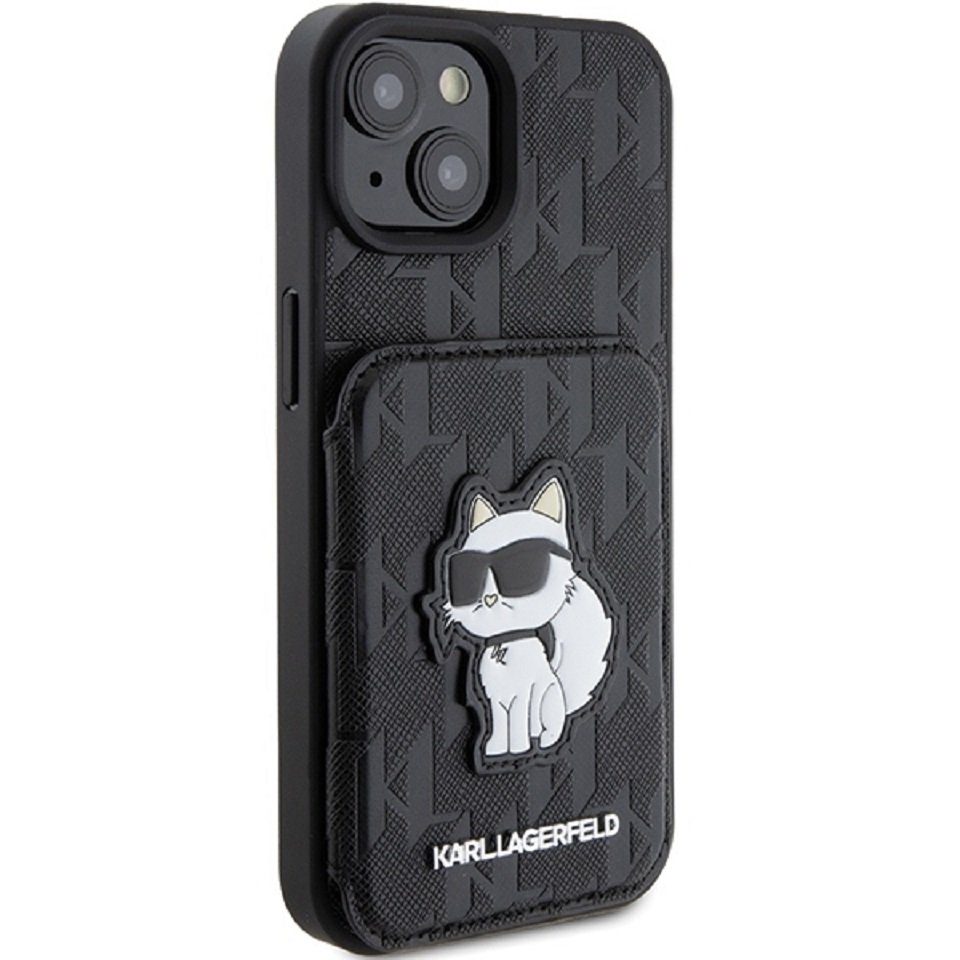 KARL LAGERFELD Handyhülle Case iPhone 15 aufstellbar Katze Kunstleder schwarz Logo 6,1 Zoll, Kantenschutz – Bild 4 von 5