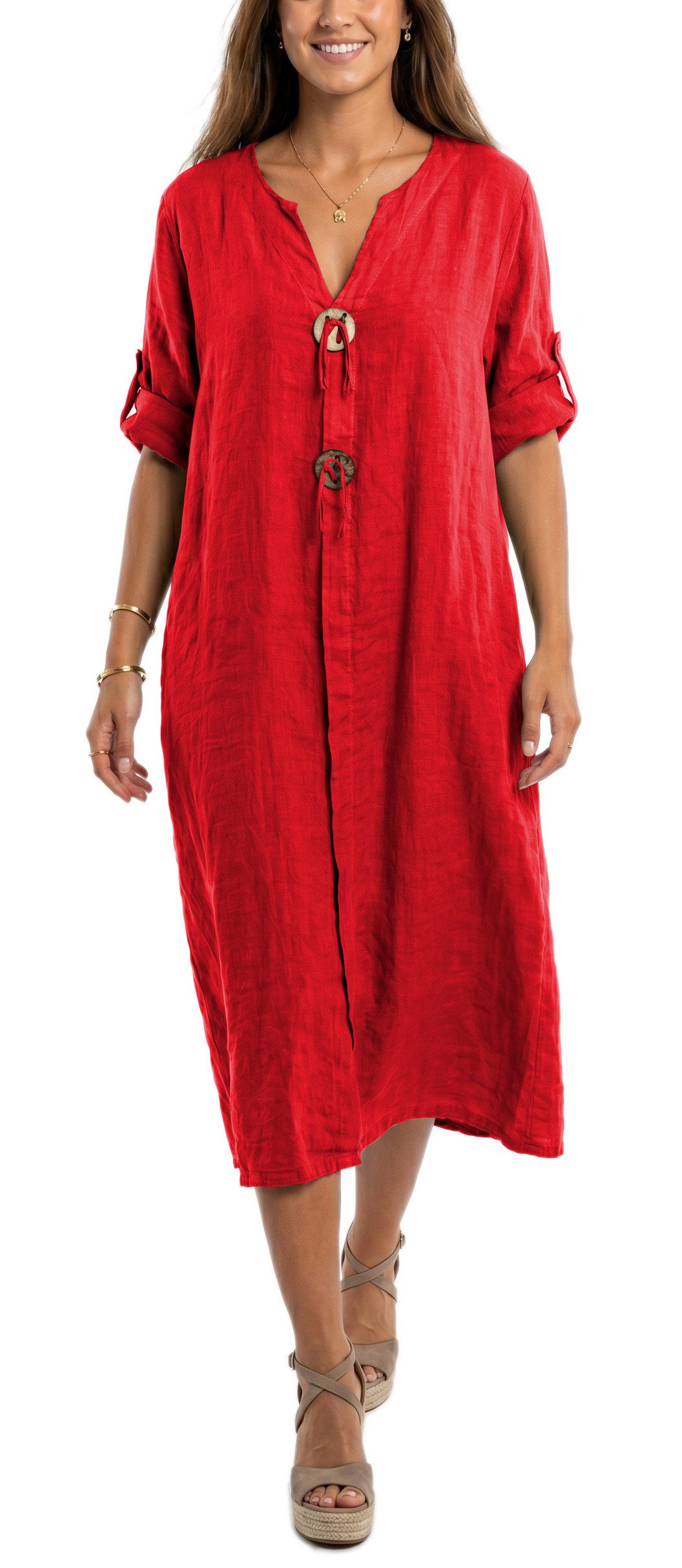 dy_mode Hemdblusenkleid Damen Leinenkleid Midi Hemdblusenkleid mit V-Ausschnitt Freizeitkleid in Unifarbe, V-Ausschnitt, mit seitlichen Eingriffstaschen