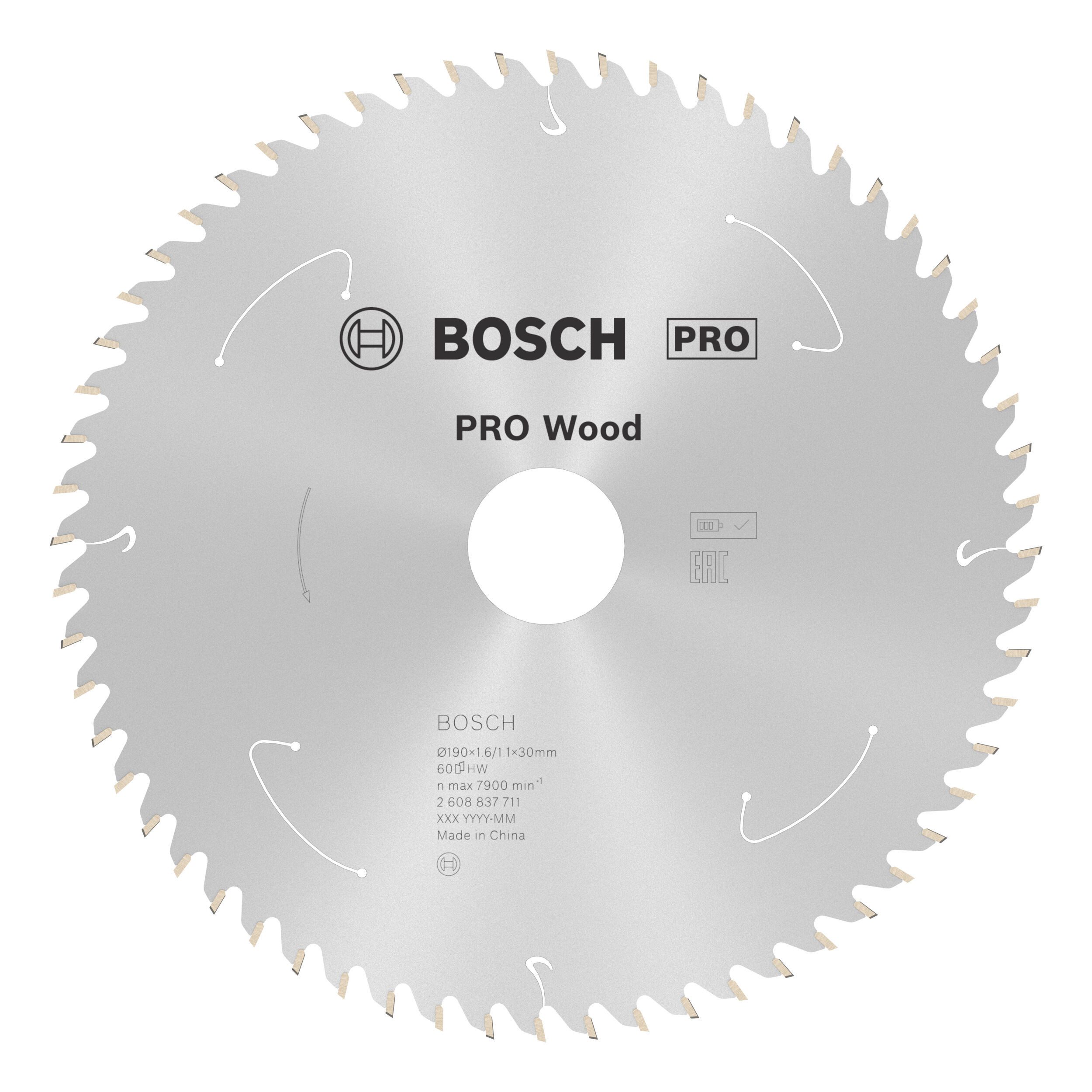 BOSCH Kreissägeblatt Pro Wood cordless, 190 x 1,6 x 30 mm, 60 Zähne, für Akku-Handkreissägen