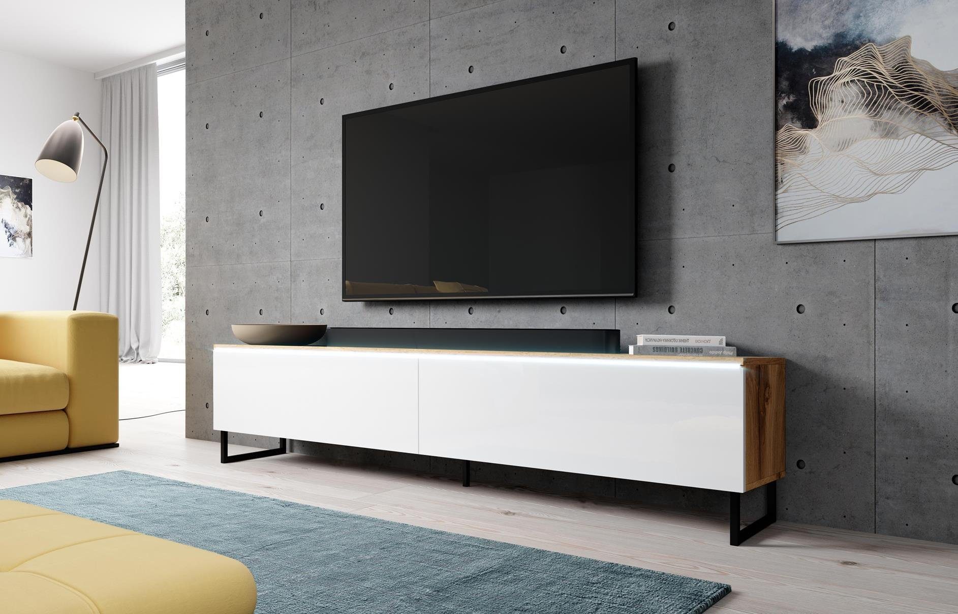 Furnix TV-Board BARGO TV-Schrank mit Metallfüßen OHNE LED, B180 x H34 x T32 cm Wotan/Weiß Hochglanz