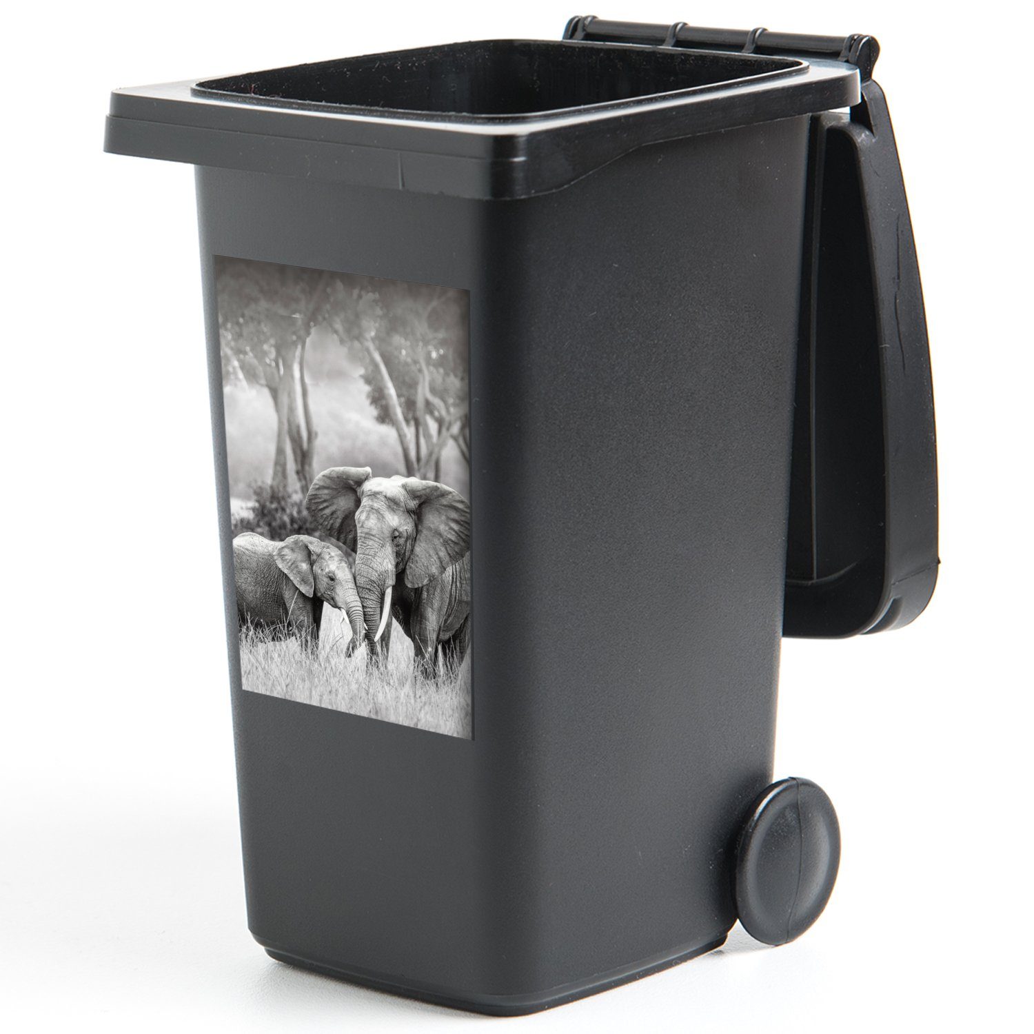 Mülltonne, (1 Wandsticker Container, MuchoWow Tiere - Schwarz Natur Abfalbehälter - weiß St), Mülleimer-aufkleber, - Sticker, Elefant und