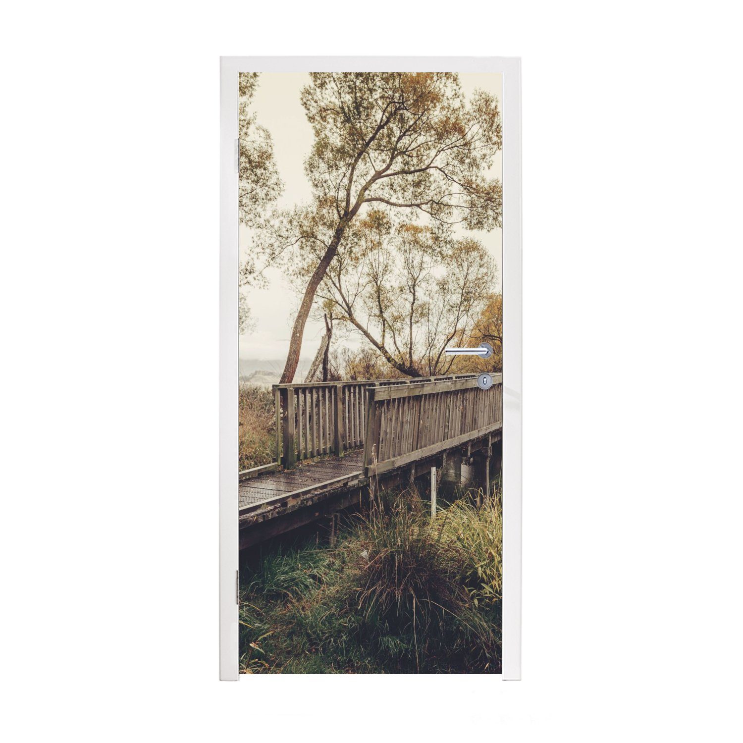 MuchoWow Türtapete Herbst - Brücke - Bäume, Matt, bedruckt, (1 St), Fototapete für Tür, Türaufkleber, 75x205 cm