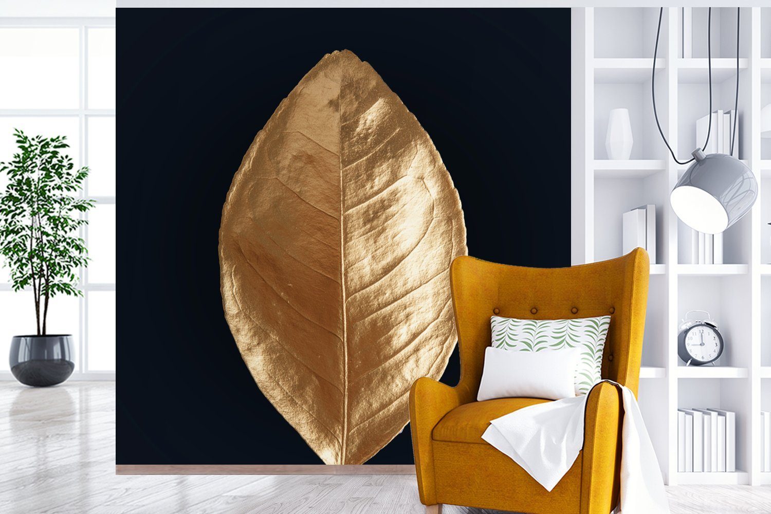 (5 oder - Wohnzimmer für Tapete Gold, Luxus Matt, Fototapete St), Vinyl Wandtapete - MuchoWow Schlafzimmer, Blätter bedruckt,