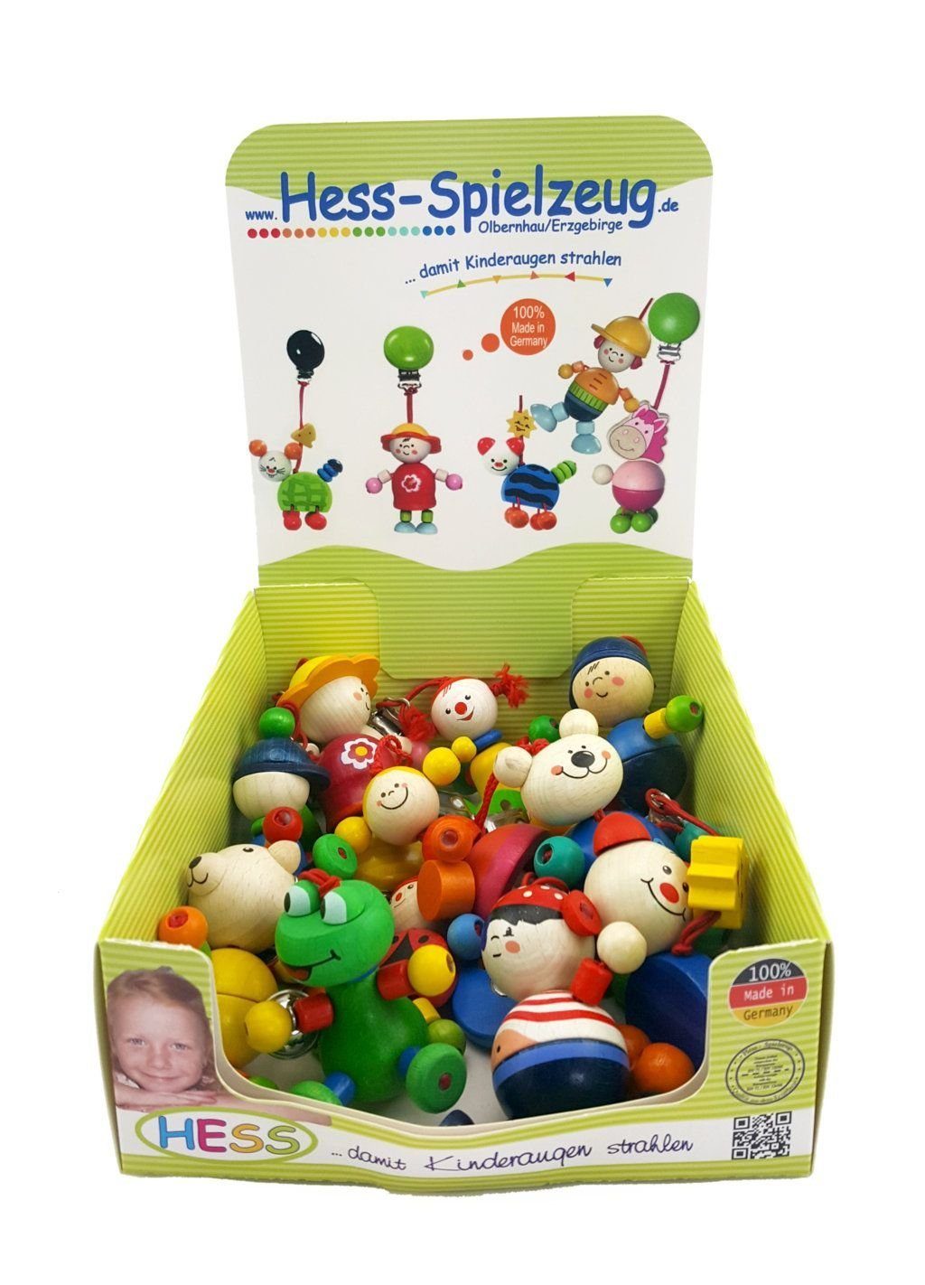 HESS SPIELZEUG Kinderwagenkette Babyspielzeug Display mit 14 kleinen Clipfiguren BxLxH 70x40x160mm NEU