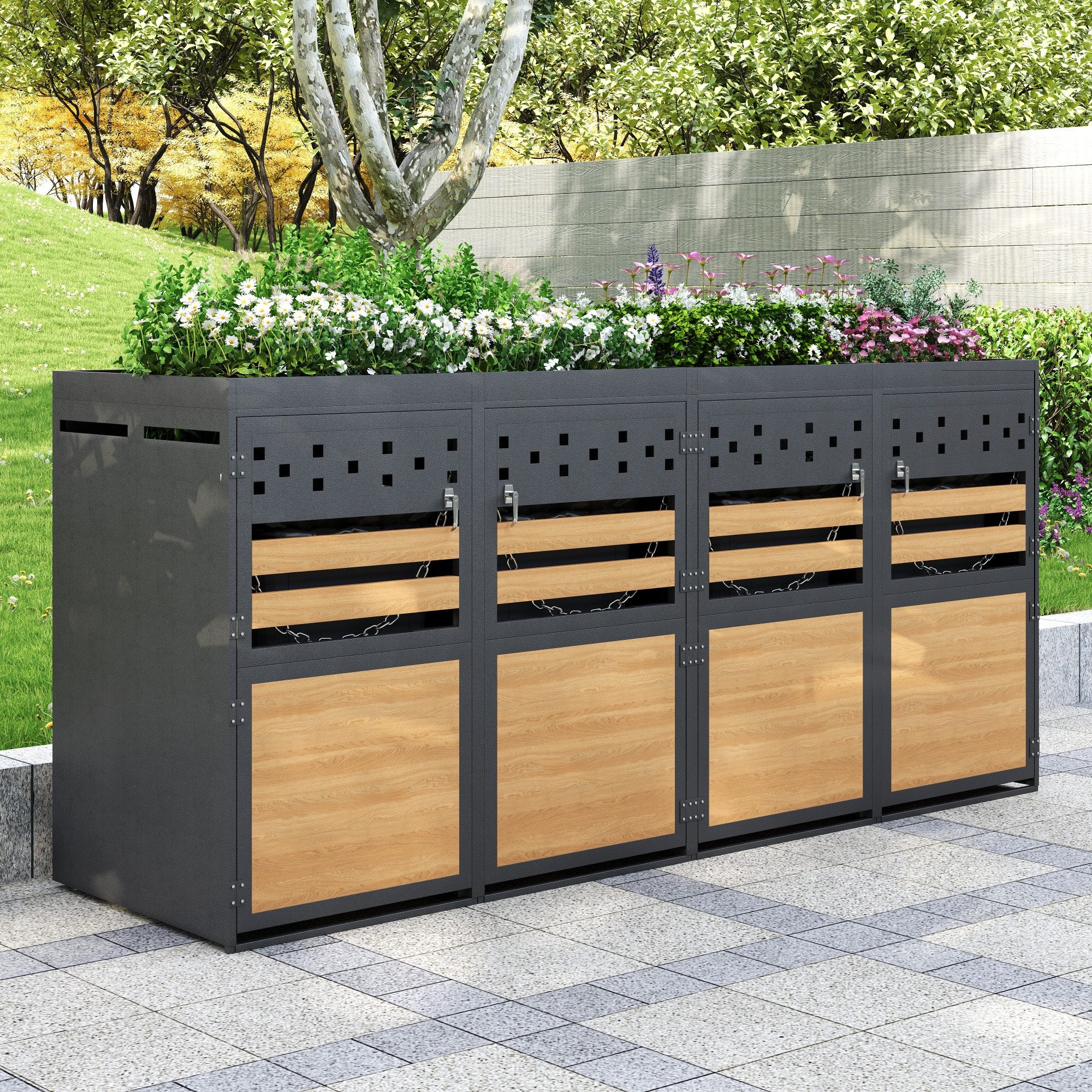 Merax Mülltonnenbox Abschließbar Müllcontainer mit Pflanzdach & Belüftungslöchern (2 St), Müllbox aus Edelstahl,Mülltonnenverkleidung für 4 Tonnen,120-240Leiter