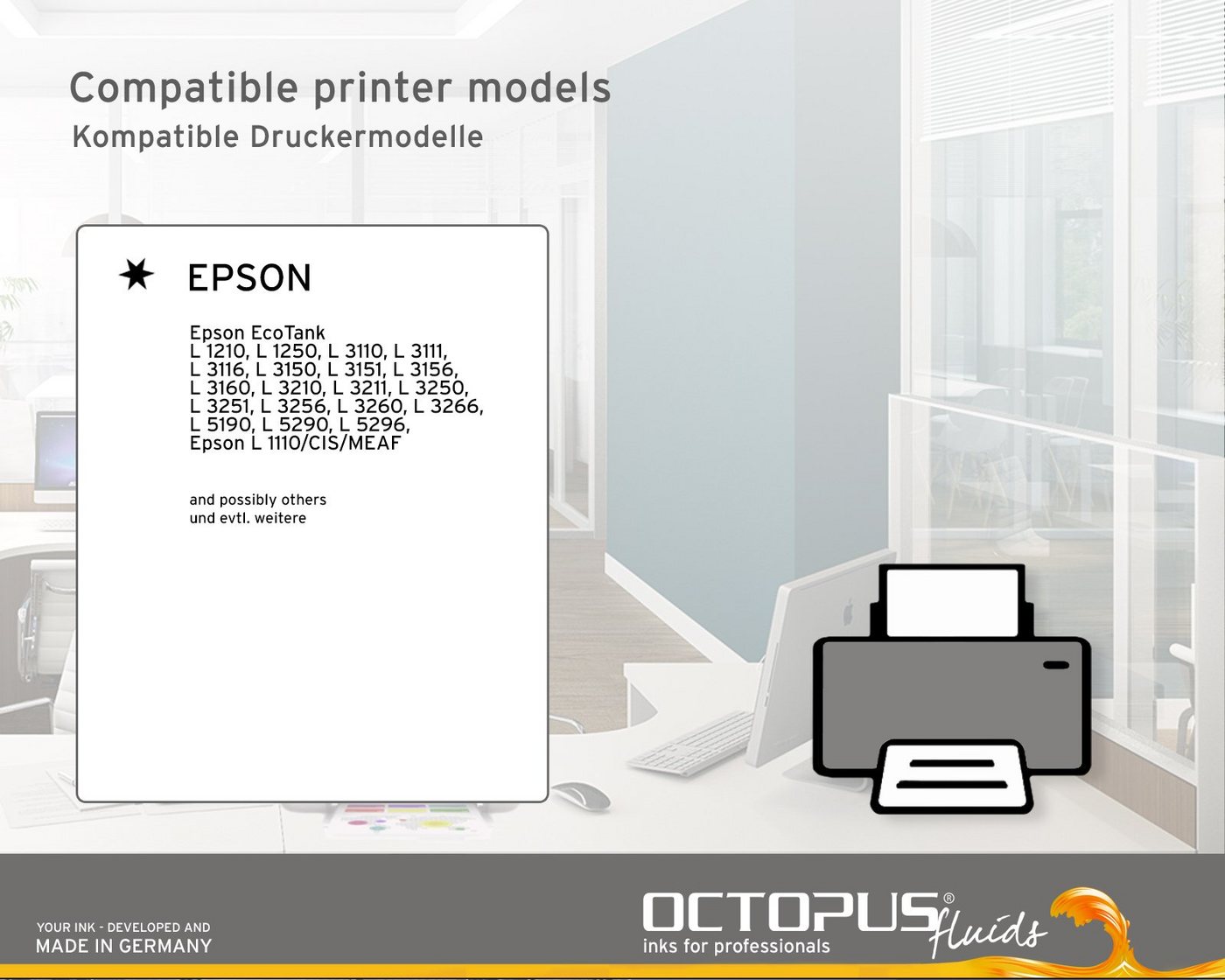 Thumbnail - OCTOPUS Fluids Druckertinte für Epson 103 Druckertintentank, EcoTank L3110, L3150, Nachfülltinte (für Epson, 1x 250 ml)