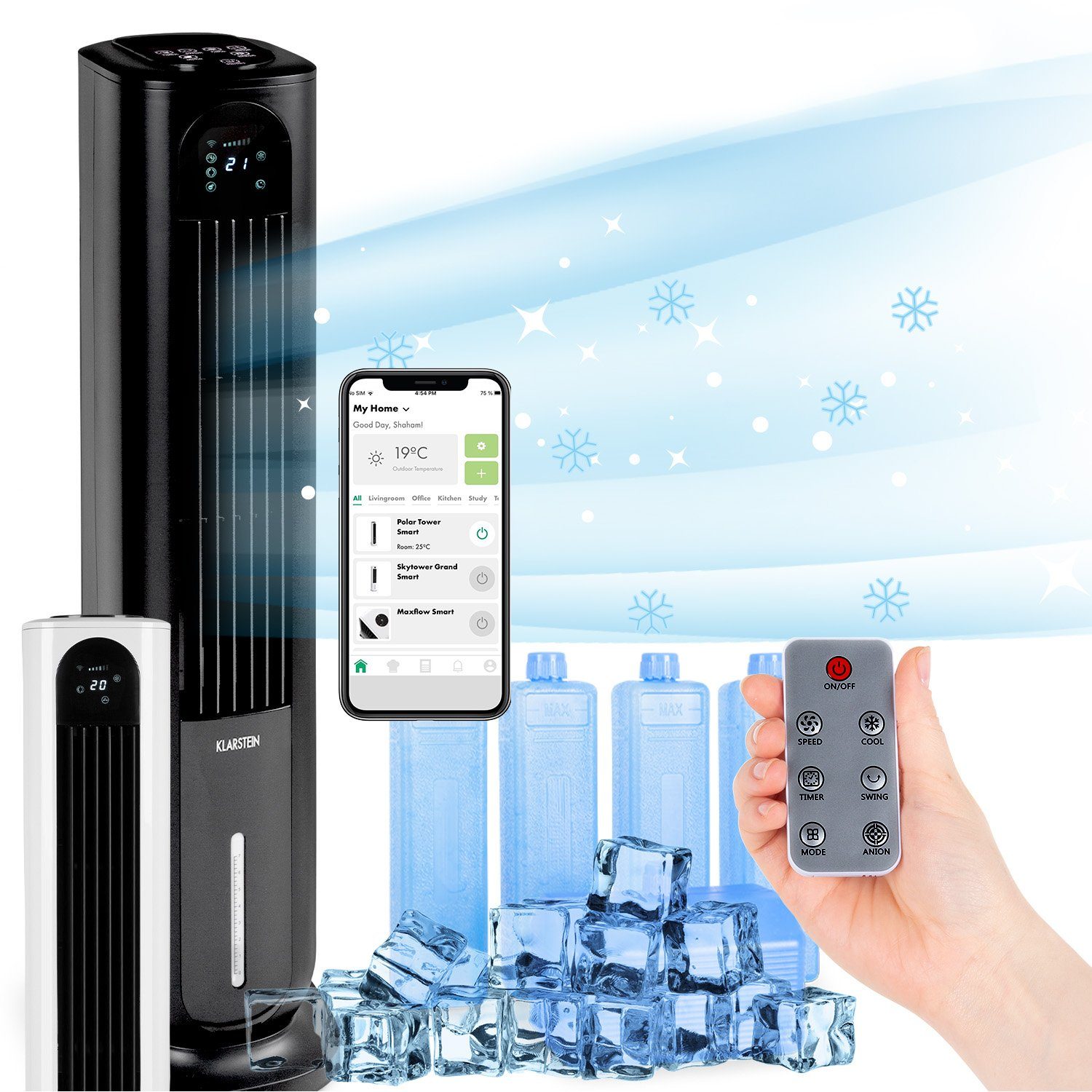 Klarstein Ventilatorkombigerät Polar Tower Smart Ventilator, mit Wasserkühlung & Eis mobil Klimagerät ohne Abluftschlauch