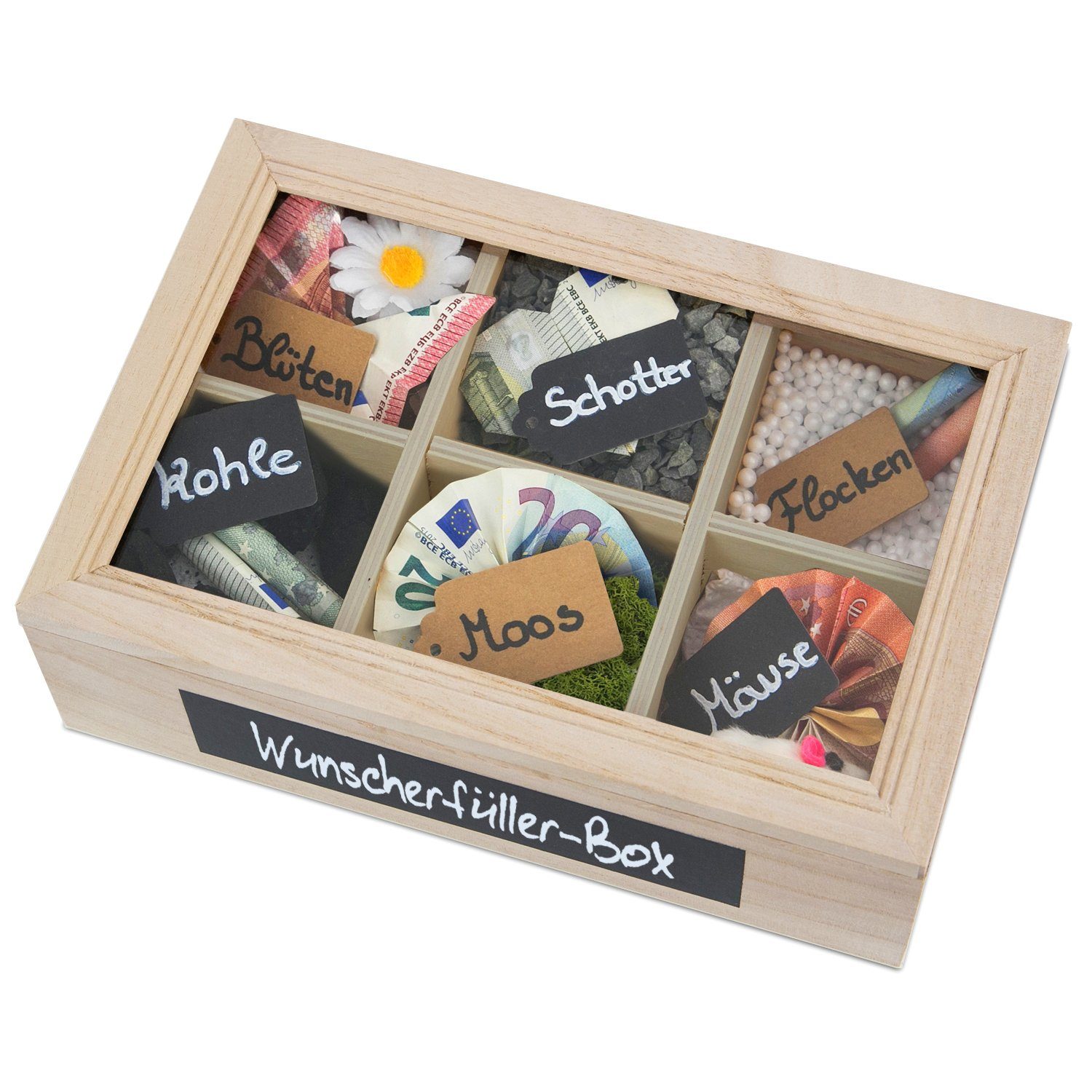 SURPRISA Geschenkbox Schotter Schatulle - kreative Verpackung für Geldgeschenke, Geschenkbox mit 6 Fächern zum Geburtstag, Abitur oder zur Hochzeit