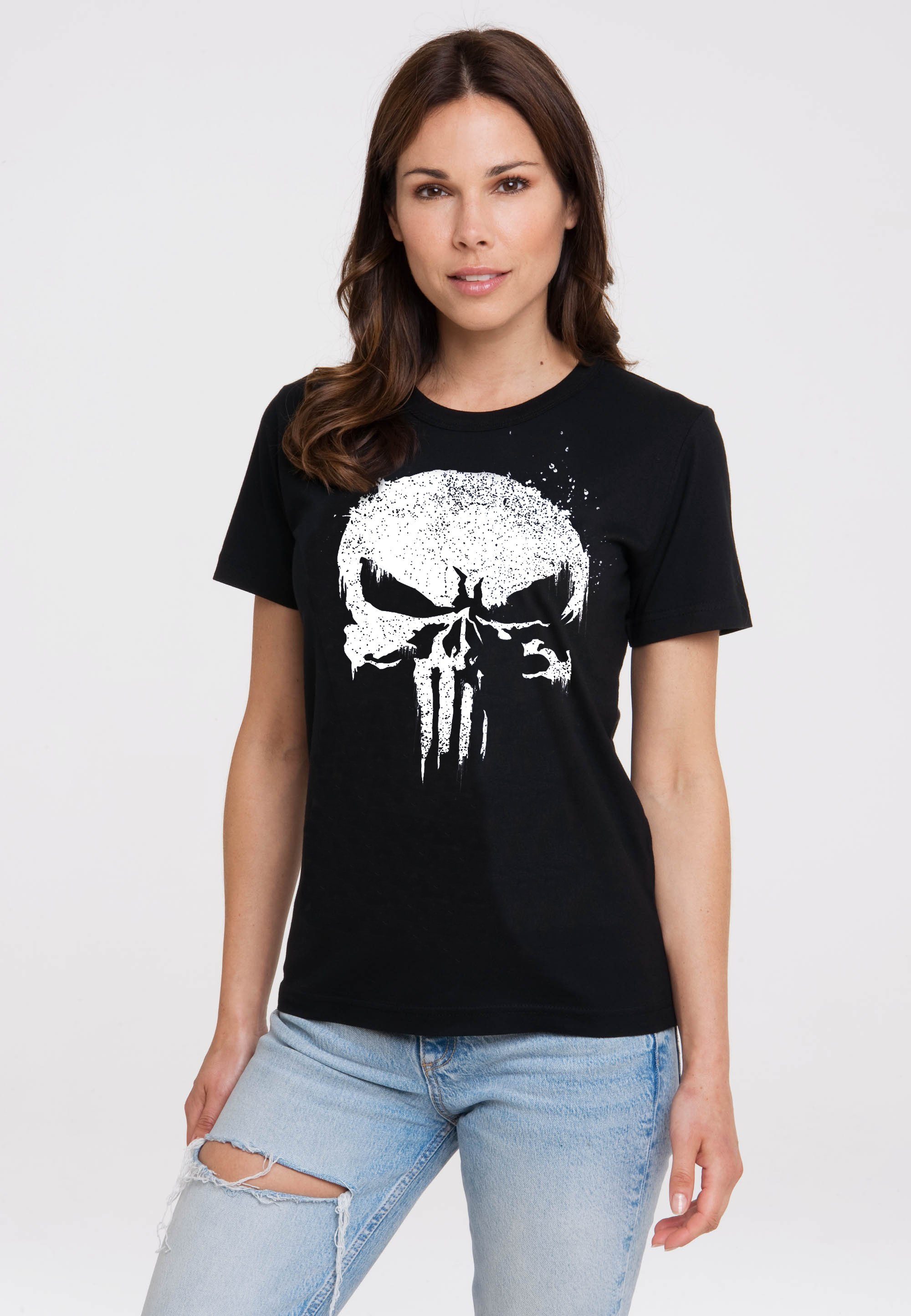 nach formstabi Marvel mit vielen auch Punisher Print, lizenziertem - Einlaufvorbehandlung Skull T-Shirt TV LOGOSHIRT Wäschen Dank
