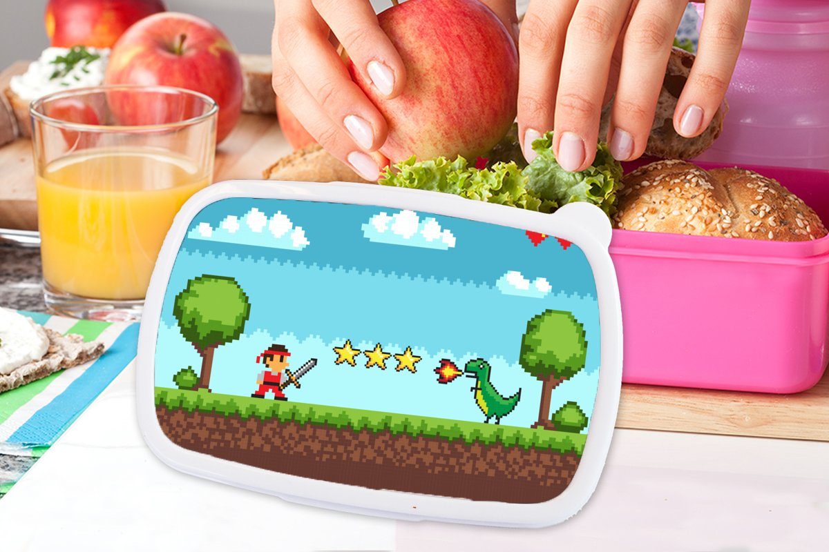 MuchoWow Lunchbox Spiele - für - Kunststoff, Kunststoff Spielhalle Erwachsene, (2-tlg), Kinder, Retro, Mädchen, rosa Brotdose Snackbox, Brotbox
