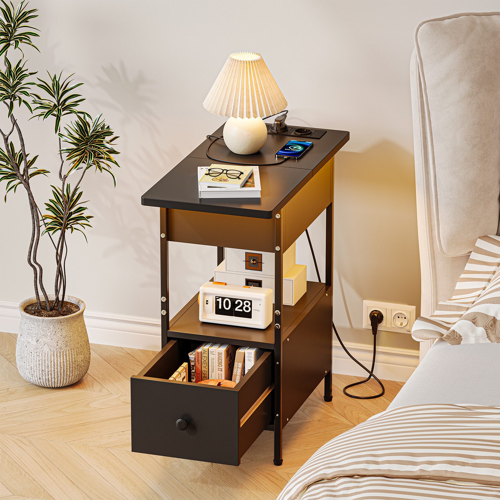 YOLEO Nachttisch Beistelltisch mit Steckdosen, LED Nachttisch mit Schublade günstig online kaufen