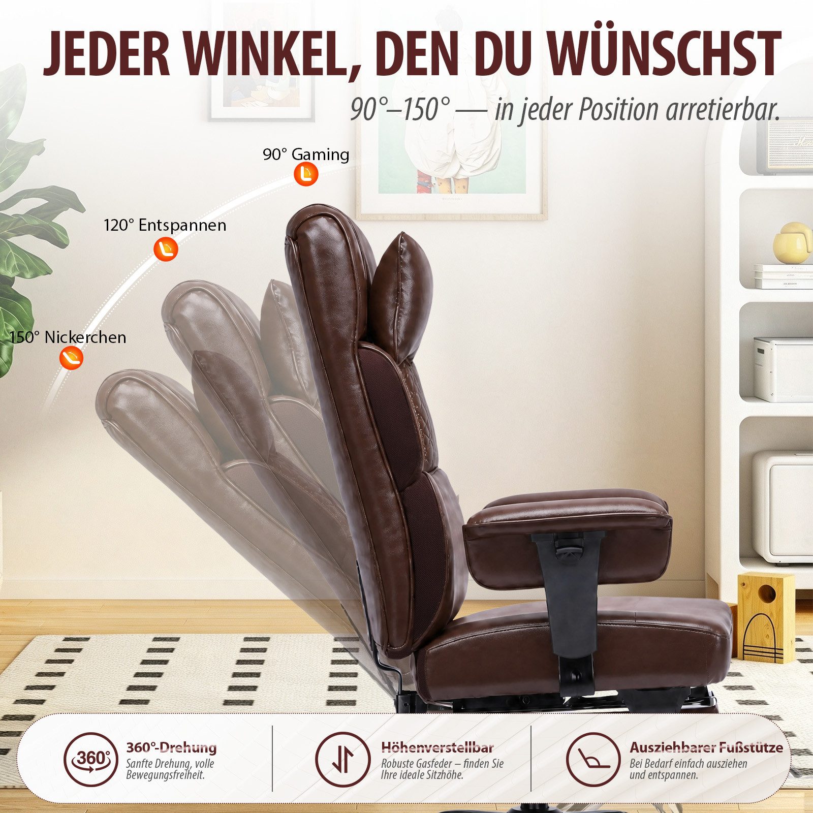 GTPLAYER Gaming-Stuhl Ergonomischer Bürostuhl mit Kopfstütze großer Lendenwirbelstütze, 54 cm breiter Sitz, Rückenlehne 90°–150° neigbar 180kg – Bild 2 von 5