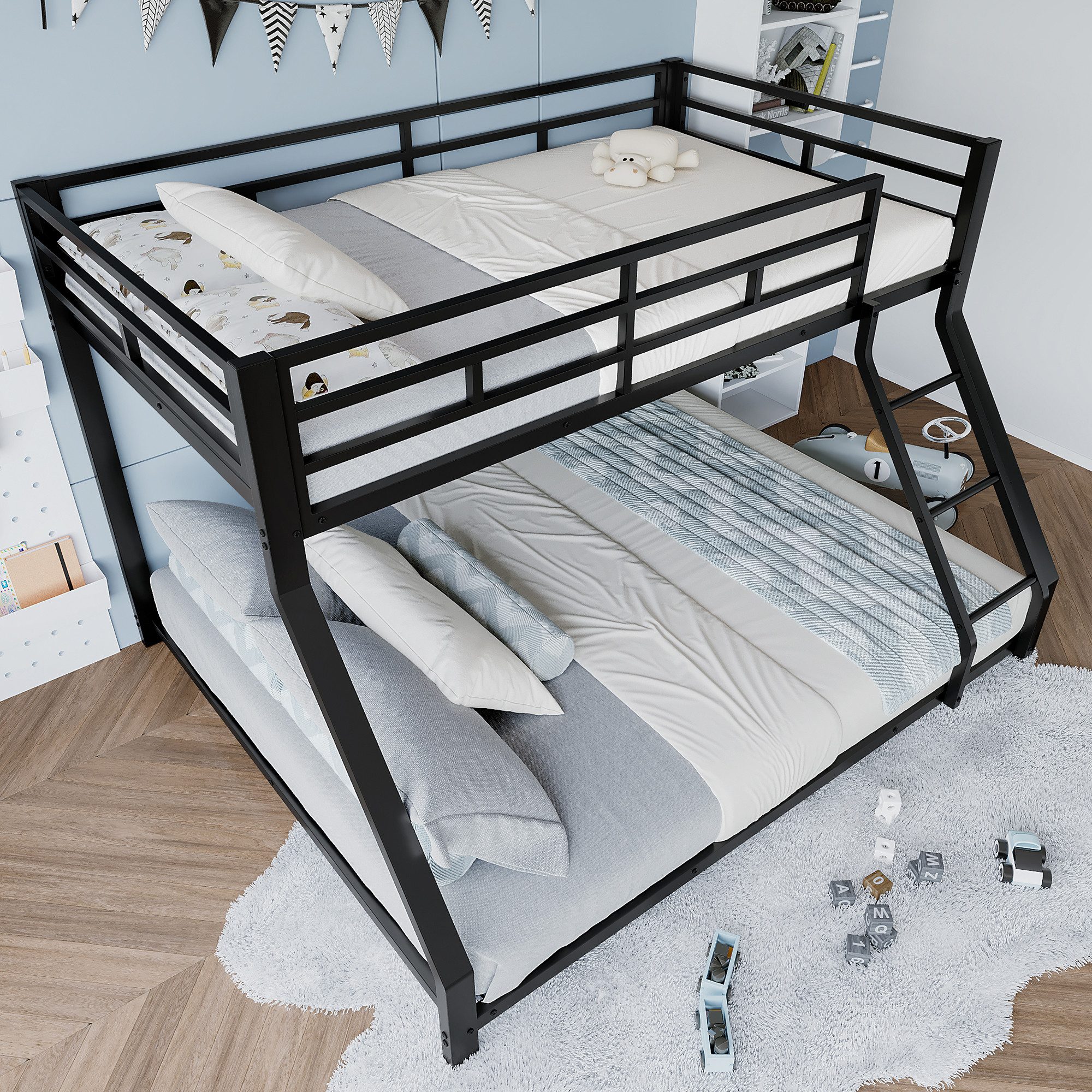 Flieks Etagenbett, Metallbett 90x200cm+140x200cm mit Schrägleiter und Geländer