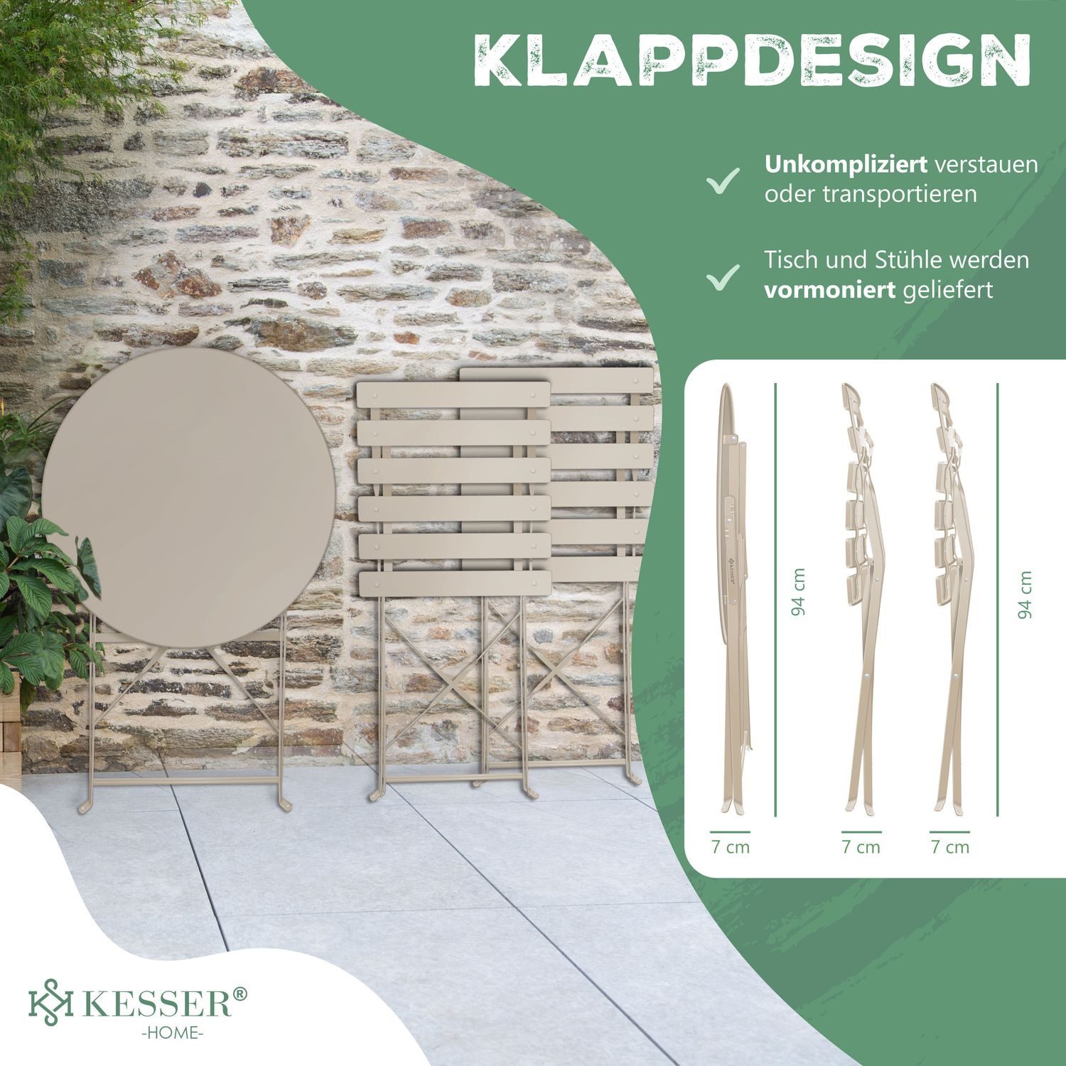 KESSER Bistrotisch, Bistro-Set 3-teilig Bistrotisch mit klappbaren Stühlen