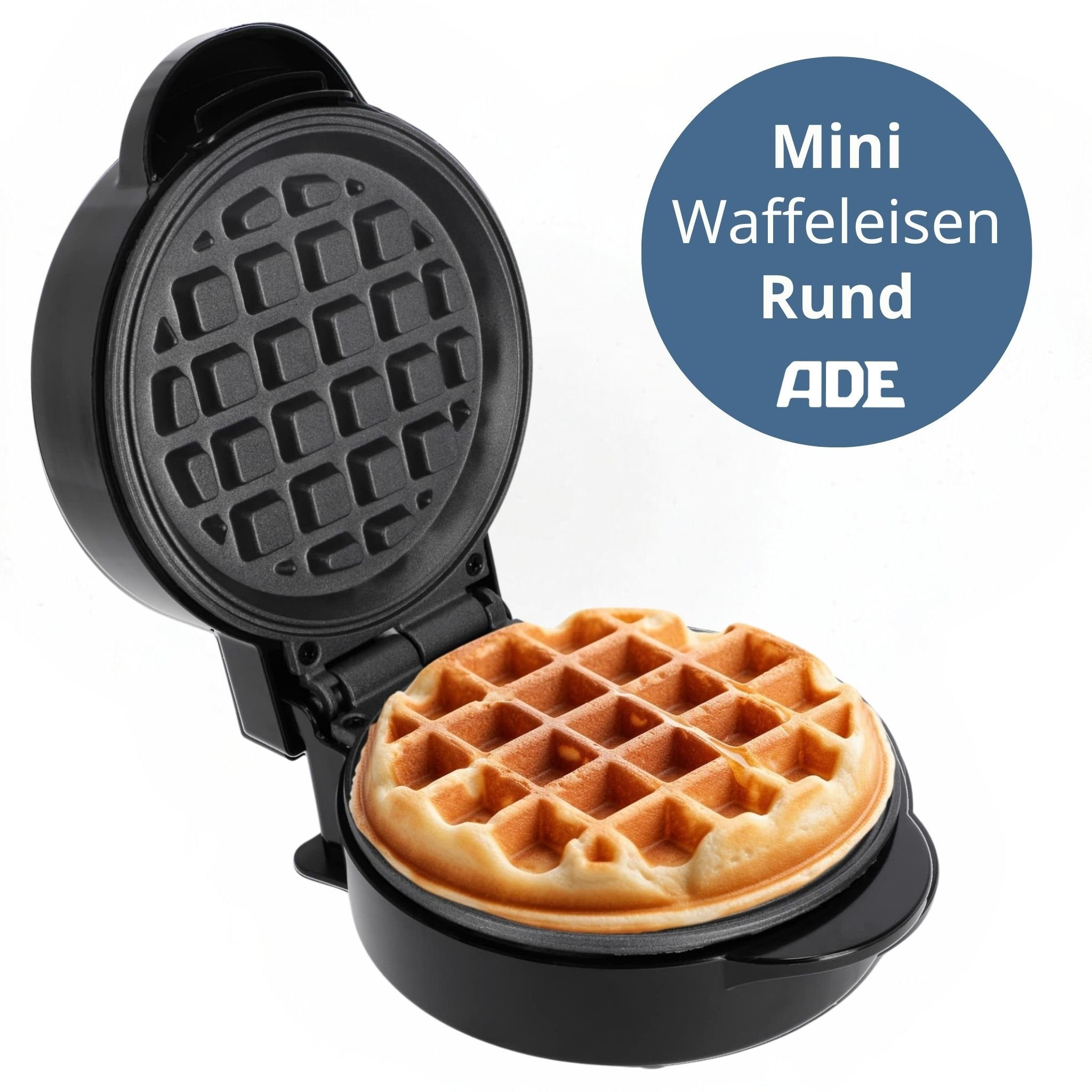 ADE Waffeleisen Mini Herzform oder runde Form für klassische belgische Waffeln, kleiner Waffelmaker mit Antihaftbeschichtung, Geburtstag, Valentinstag
