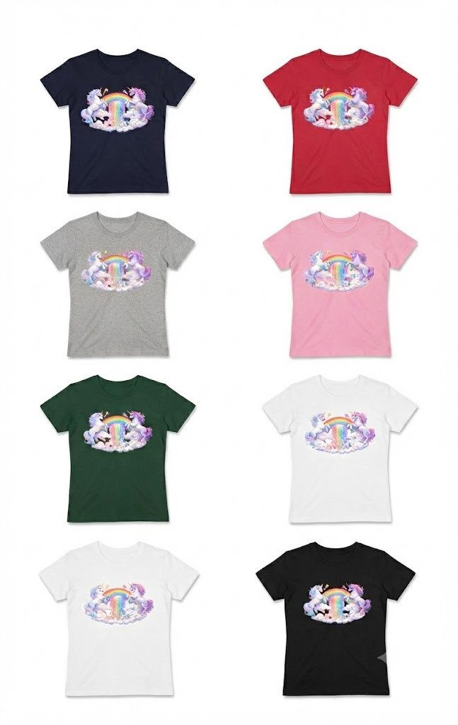 Blondie & Brownie T-Shirt Unicorn Rainbow Damen T Shirt Einhorn Regenbogen Print Motiv Magie (Einzelstück, Einzelartikel) Unicorn Rainbow D Tee Fantasymotiv