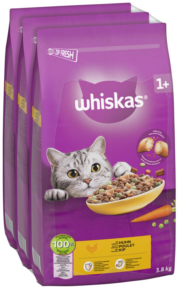 Whiskas WHISKAS® Beutel Trocken Adult 1+ mit Huhn 3 x 3,8kg, Trockenfutter für: Katze