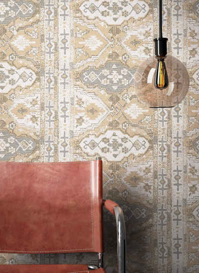 Newroom Vliestapete, Beige Tapete Vintage Teppich - Teppichmuster Teppichoptik Grau Weiß Orientalisch Modern für Wohnzimmer Schlafzimmer Küche