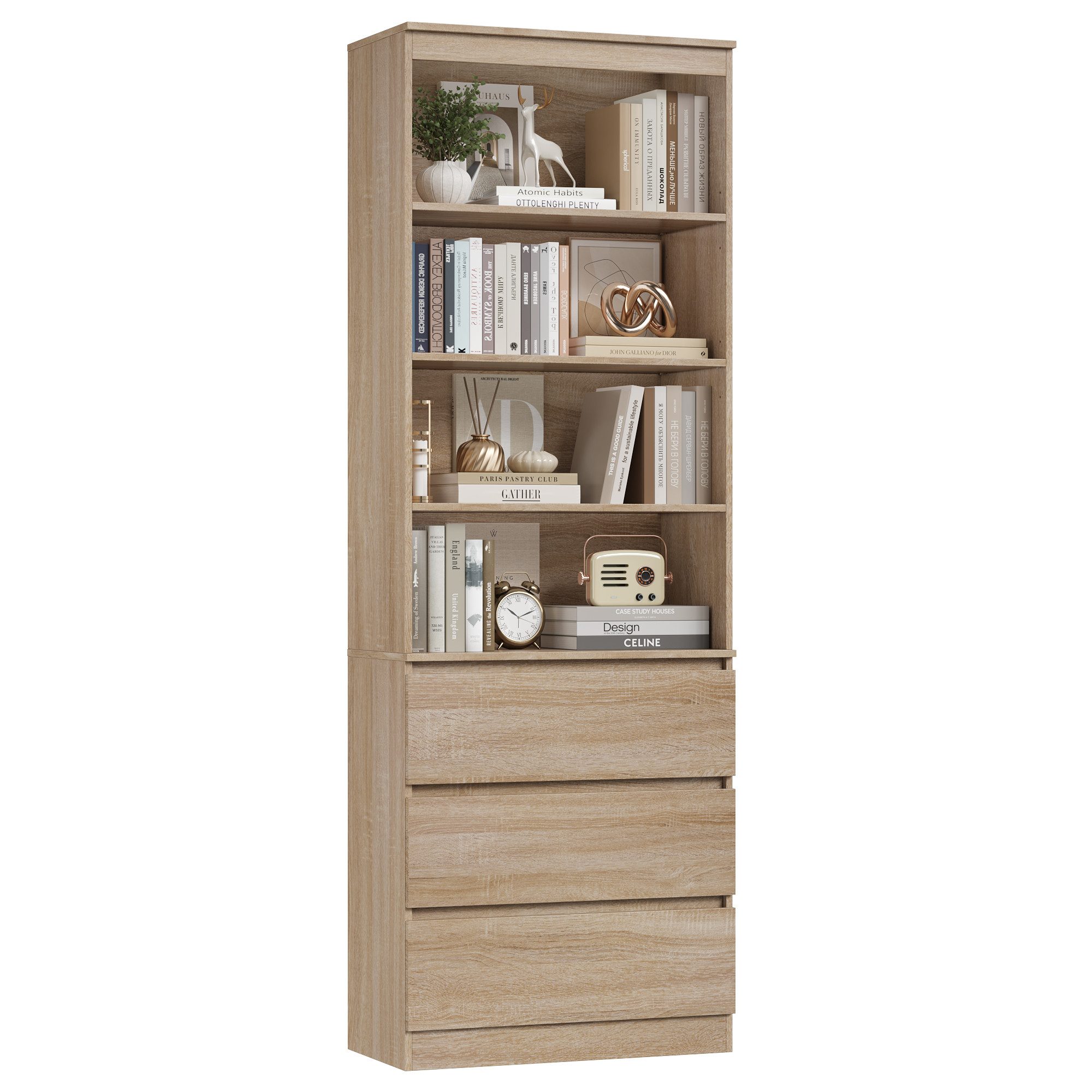 Homfa Bücherregal Hochschrank Standregal Bücherschrank Raumteiler, mit 4 Fächern und 3 Schubladen, 60x35x202cm