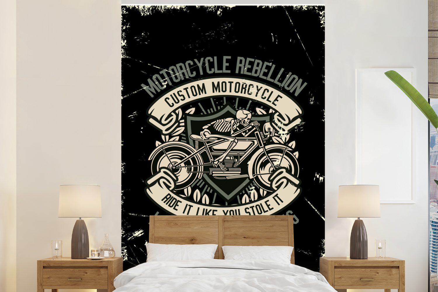MuchoWow Fototapete Motorrad - Skelett - Retro - Zitat, Matt, bedruckt, (3 St), Montagefertig Vinyl Tapete für Wohnzimmer, Wandtapete