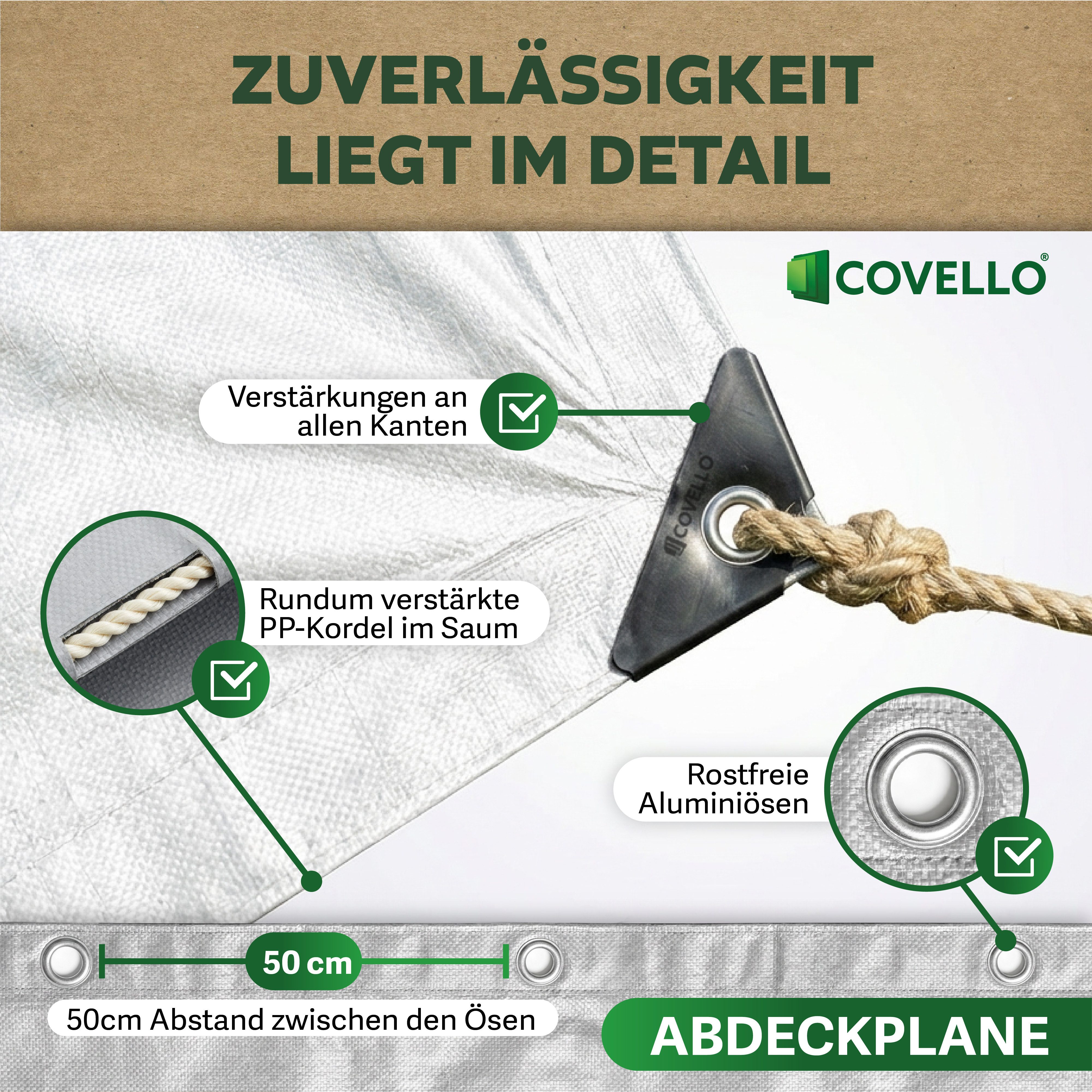 Covello Schutzplane 90g/m² weiß, Abdeckplane mit Ösen wasserdicht, Plane UV-stabilisiert in vielen verschiedenen Farben & Größen