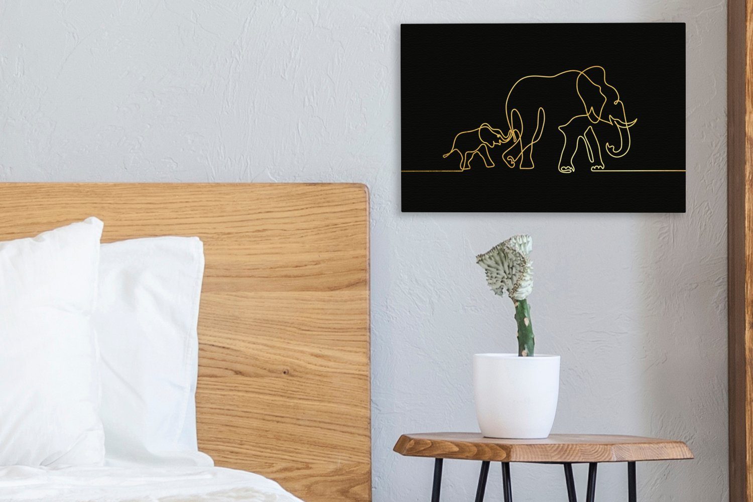 Schwarz - - Elefant Wandbild Leinwandbilder, Aufhängefertig, Minimalismus, cm 30x20 Gold Wanddeko, - OneMillionCanvasses® (1 Leinwandbild St),