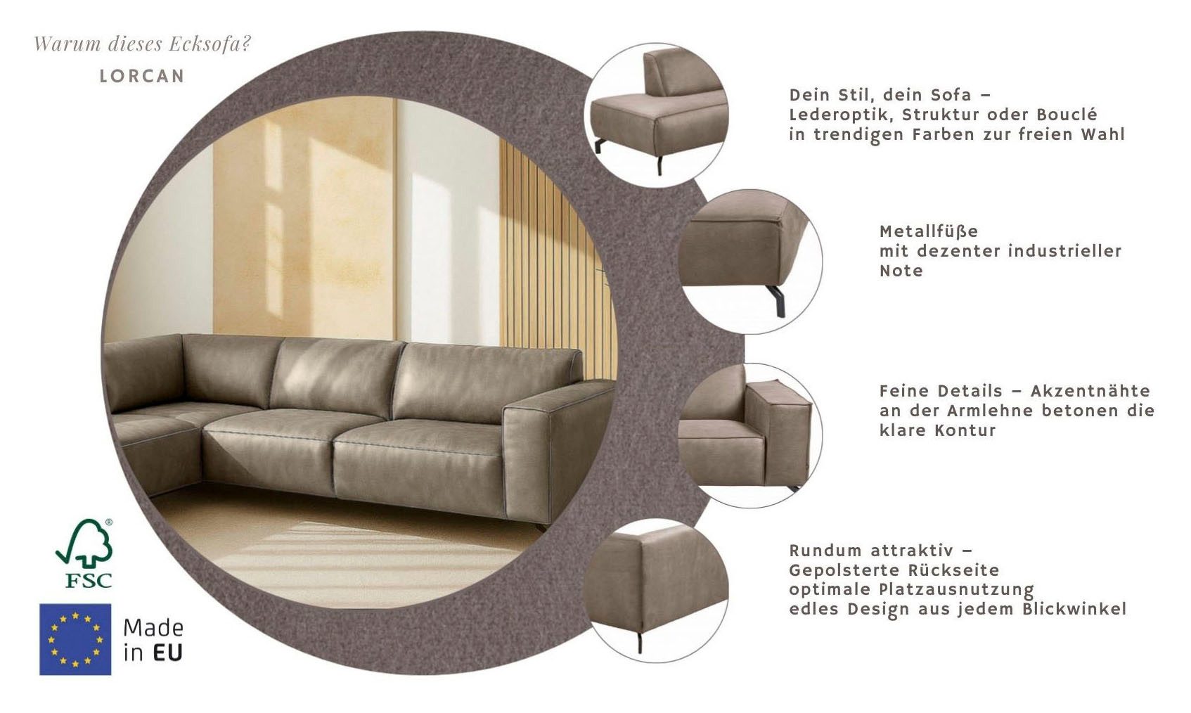 Home affaire Ecksofa LORCAN mit Metallfüßen, Breite 275 cm, weiches Sitzgefühl, Metallfüße, Lederoptik, Struktur, Bouclé
