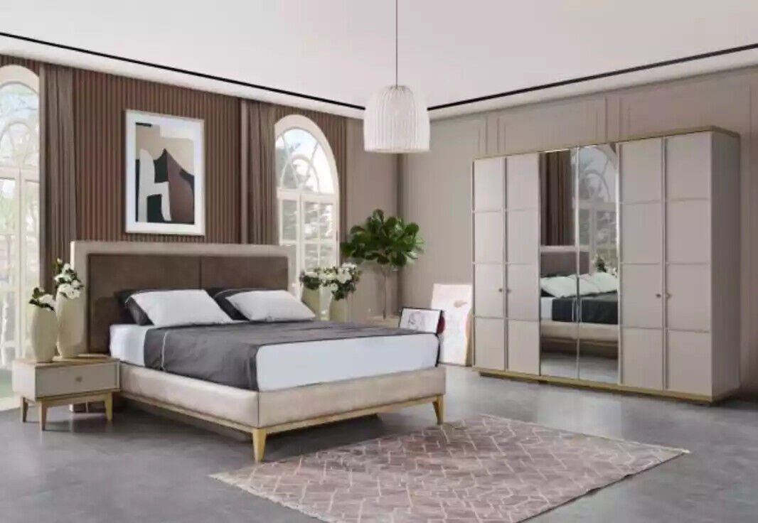2x Holz + Bett Bett Beige, Italy (3-St., 1x + Modern Schlafzimmer Schlafzimmer-Set in 2x Nachttische), Nachttische JVmoebel Komplettes Made