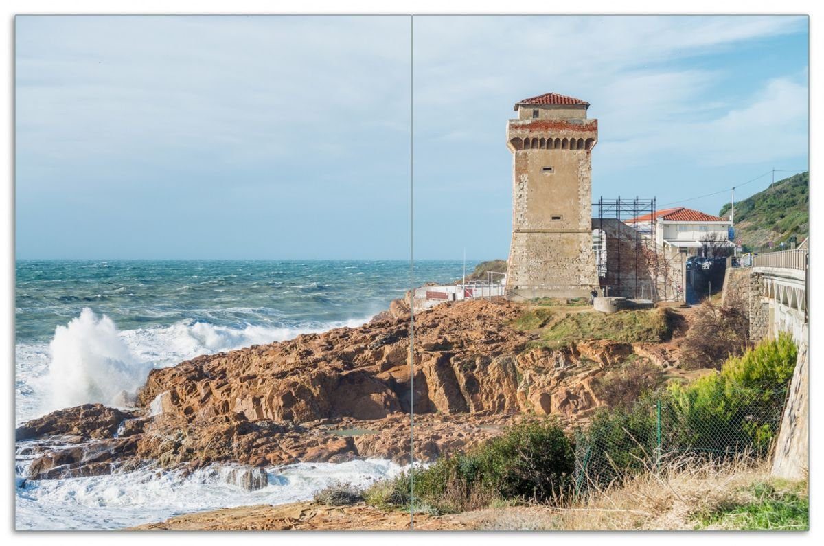Wallario Herd-Abdeckplatte Turm an einer felsiger Küste, ESG-Sicherheitsglas, (Glasplatte, 2 tlg., inkl. 5mm Noppen), verschiedene Größen