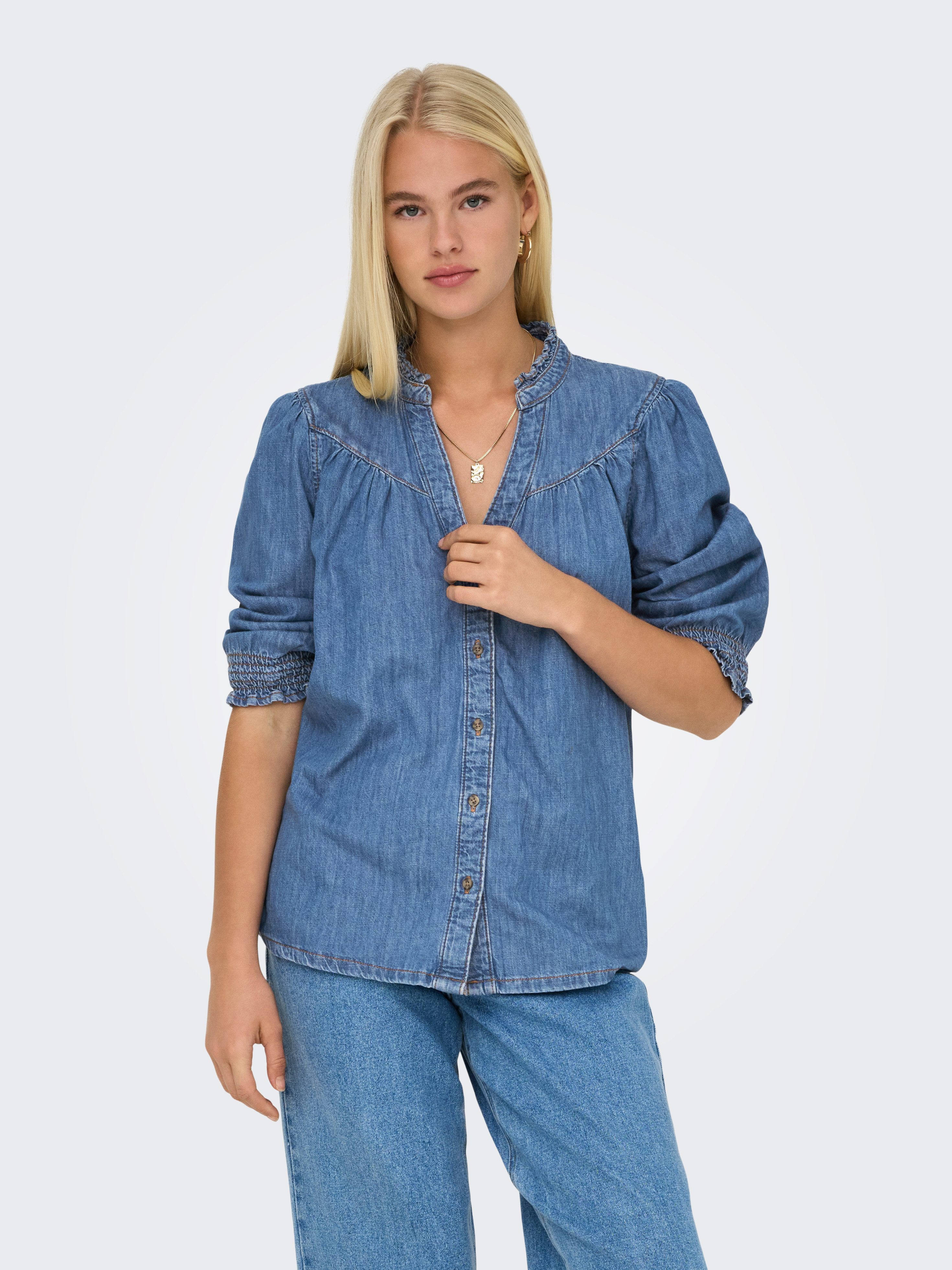 ONLY Jeansbluse ONLRAYA 3/4 SHIRT DNM AKM NOOS mit Rüschenkragen