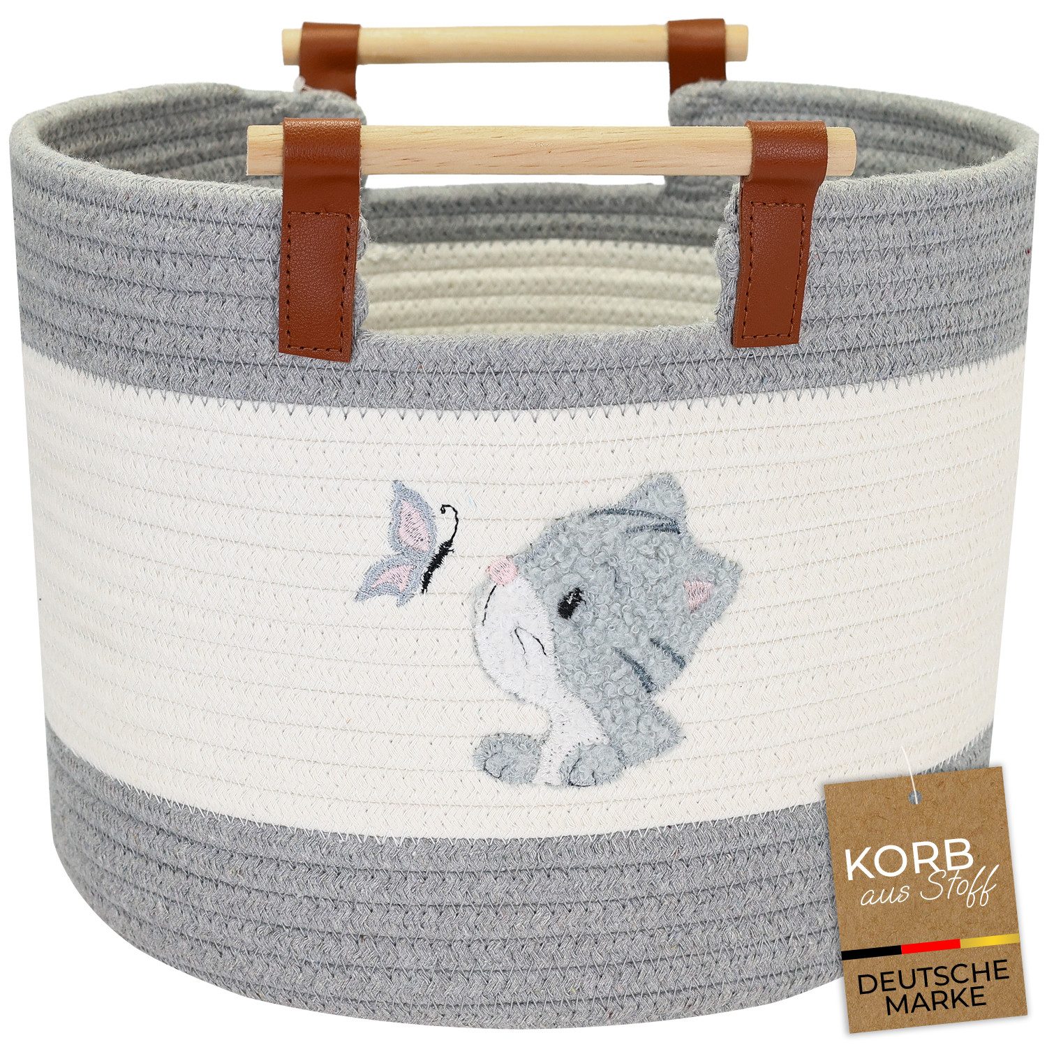HMF Aufbewahrungskorb Aufbewahrungskorb mit Holzgriffen, runder Korb, Baumwolle für Kinderzimmer oder Babyzimmer, Katze, 30 x 30 x 24 cm