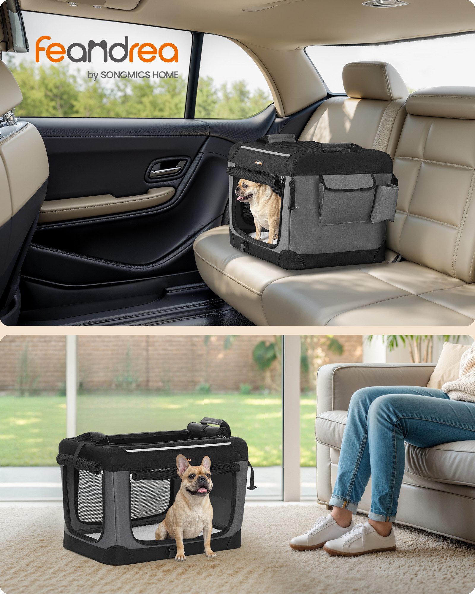 FEANDREA Tiertransporttasche Hundebox faltbar, Hundetasche, Taschen für Futter und Wasserflasche, 60 cm, kleine Hunde, Oxford-Gewebe, 4 Türen aus Netzstoff, Griffen
