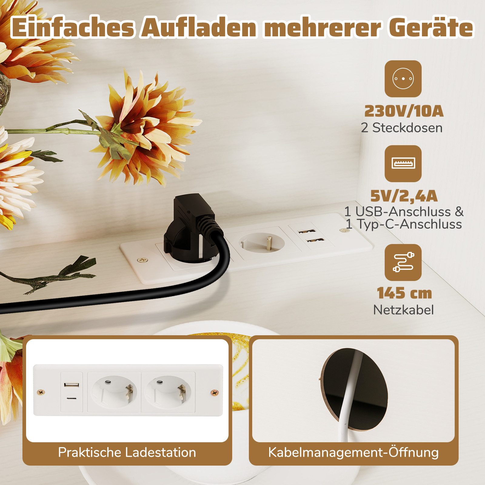 COSTWAY Küchenbuffet mit Ladestation Vorratsschrank hoch mit verstellbarem Regal – Bild 5 von 5