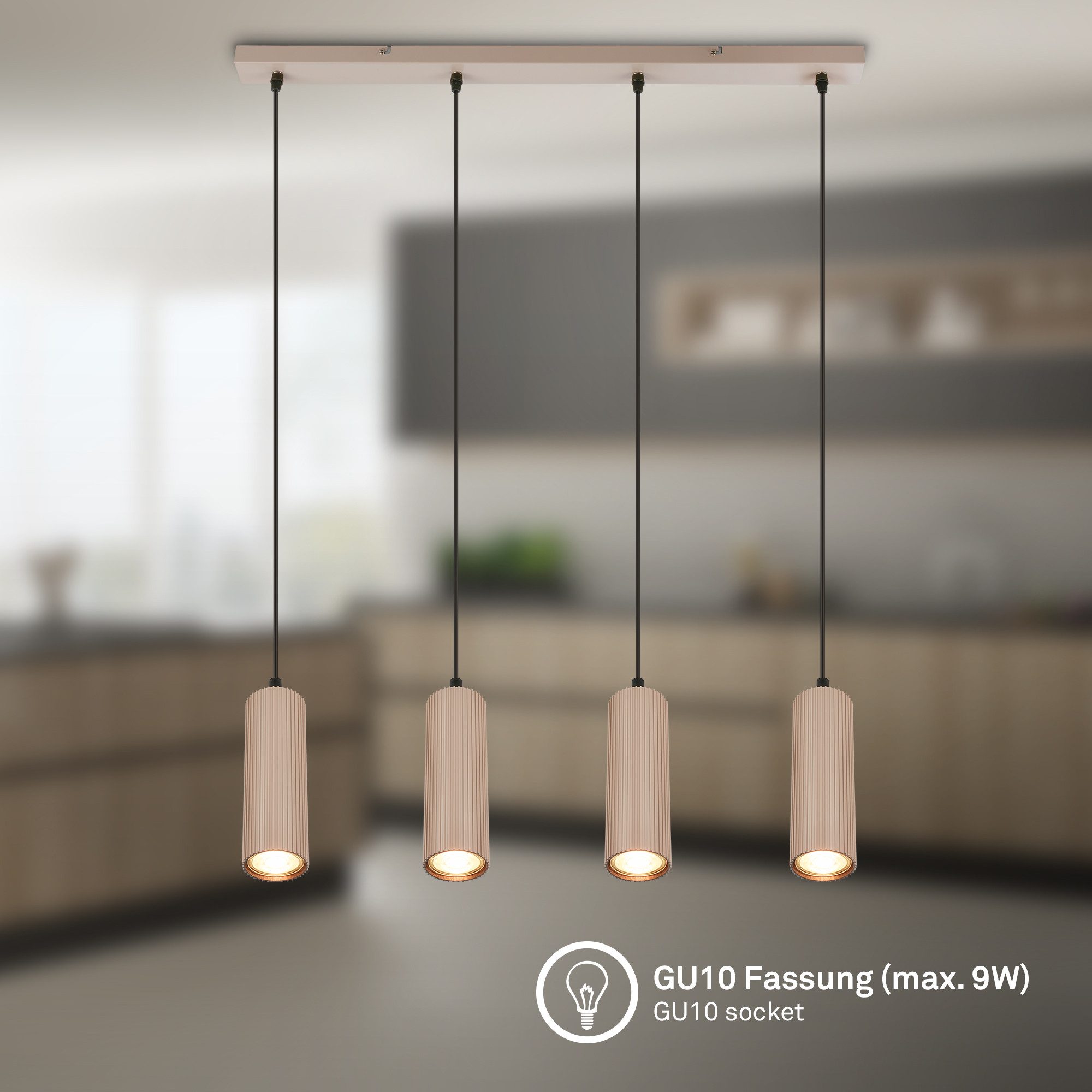 Briloner Leuchten LED Pendelleuchte Hängelampe Höhenverstellbar GU10 Riffle-Optik, 4-flammig, ohne Leuchtmittel, Abhängig vom Leuchtmittel, 20x120 cm, Esszimmer – Bild 2 von 5