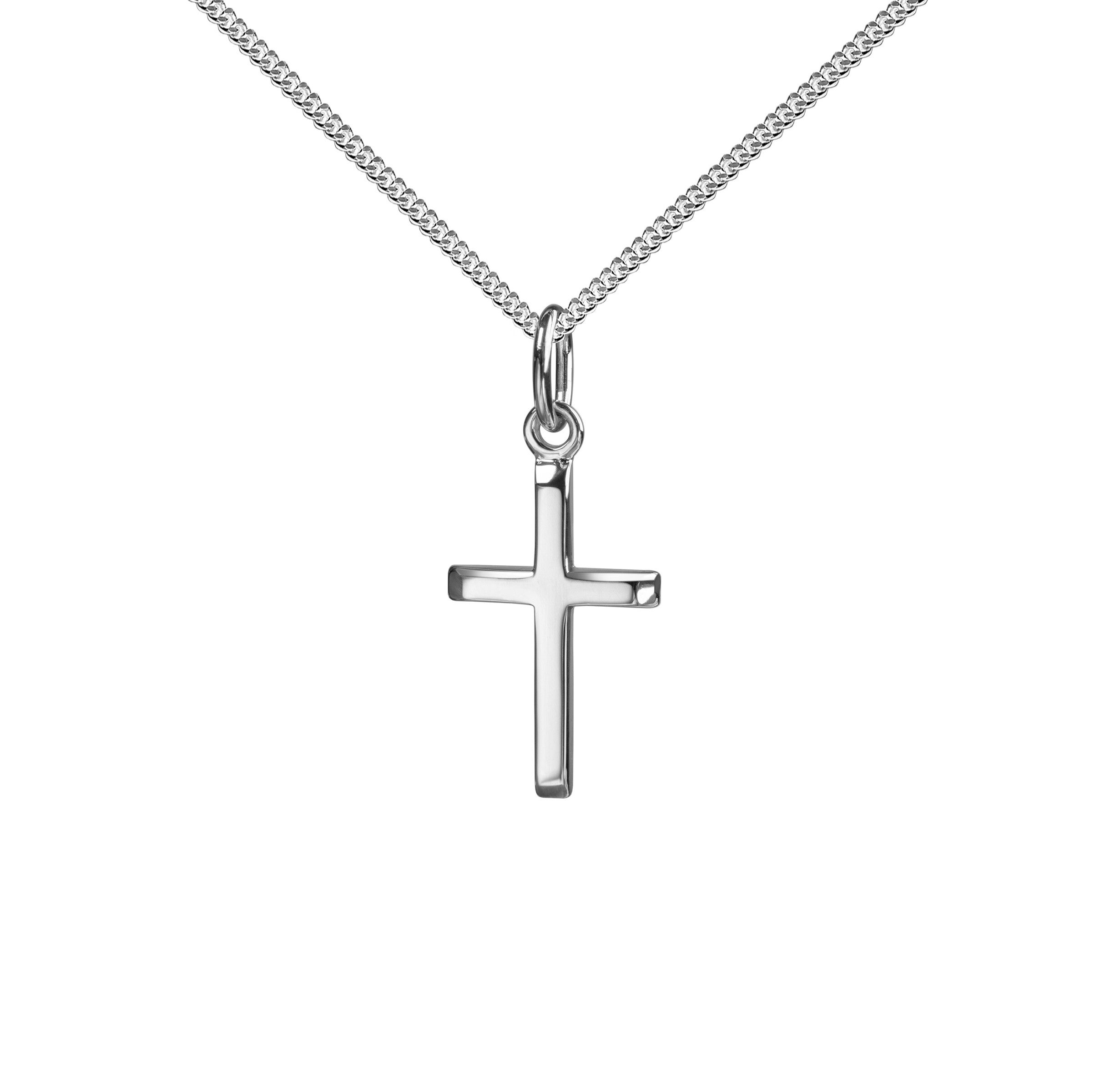 JEVELION Kreuzkette Taufkreuz 585 Weißgold Kreuz-anhänger klein hochglanz -Made in Germany (Weißgold Anhänger, für Damen und Kinder), Mit Kette Sterlingsilber- Länge wählbar 36 - 70 cm.