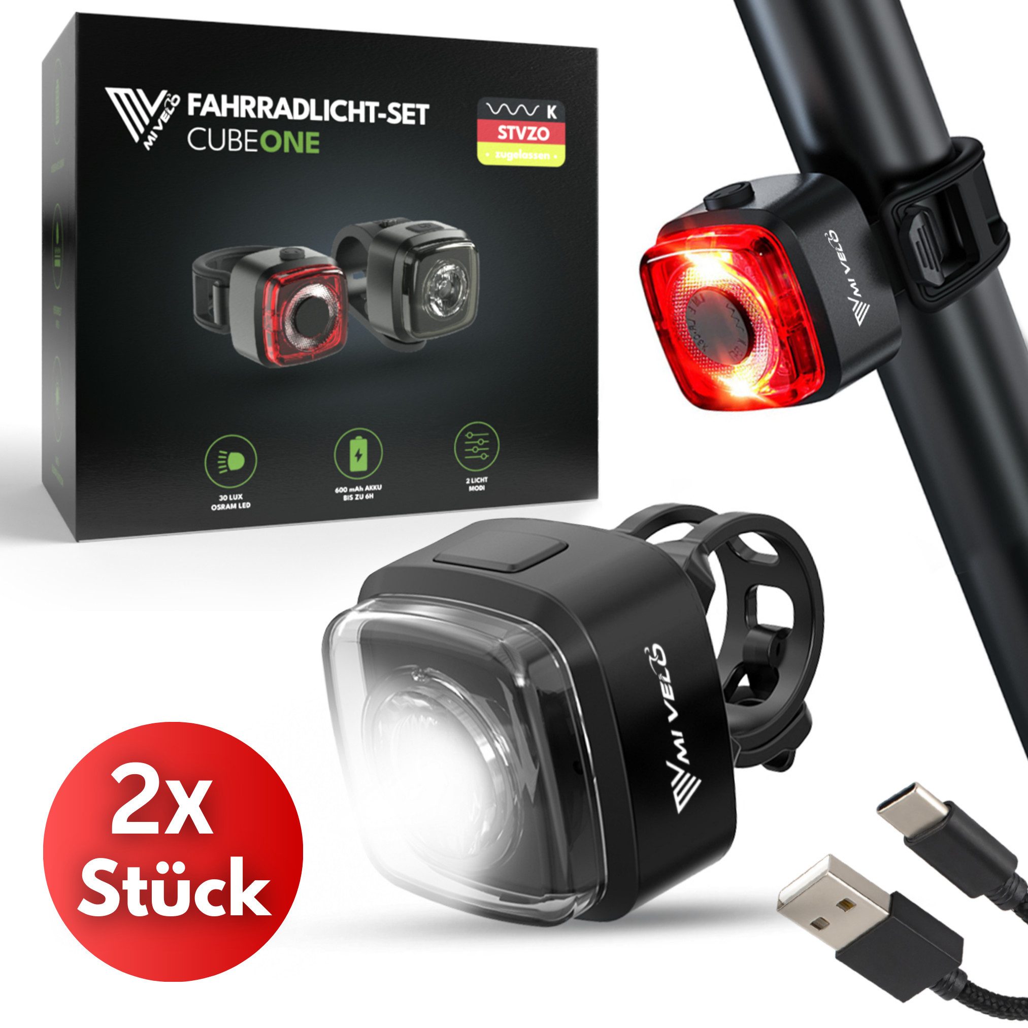 MIVELO Fahrradbeleuchtung CUBE Fahrradlicht Set LED - Akku USB aufladbar wasserdicht, OSRAM LED