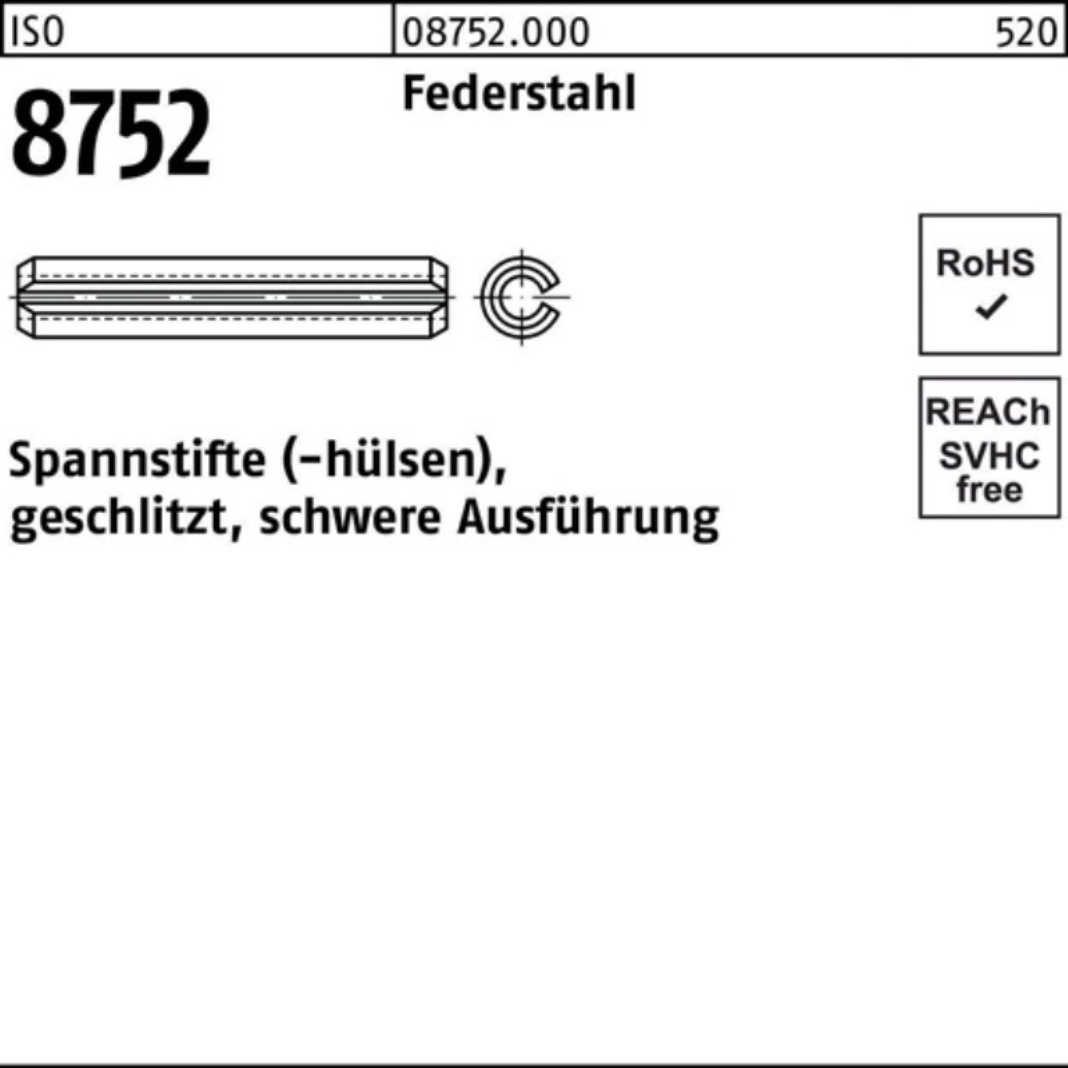 Reyher Spannstift 500er Pack Spannstift ISO 8752 geschlitzt 8x 20 Federstahl schwere Aus