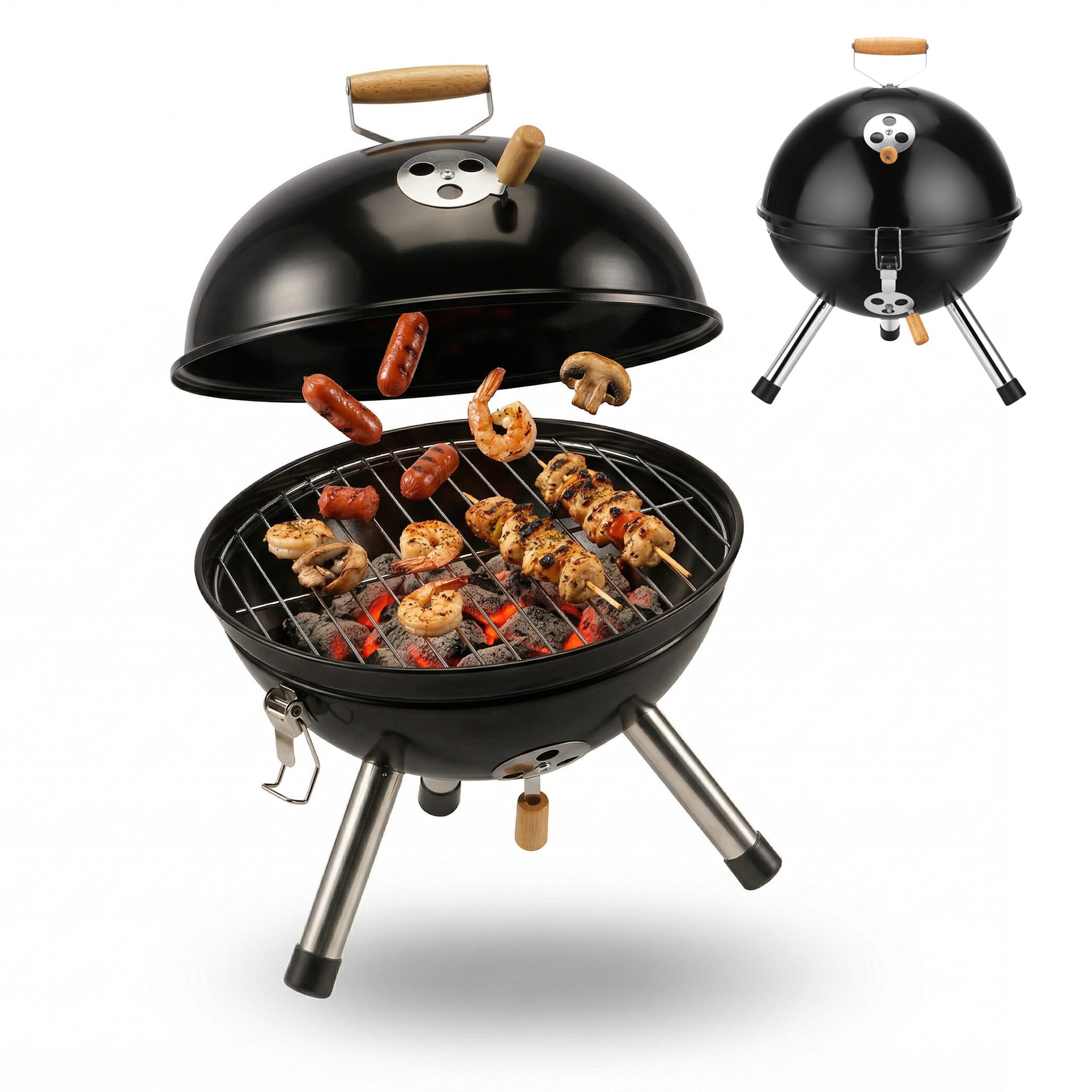 relaxdays Holzkohlegrill Tragbarer Mini Kugelgrill Ø 30 cm