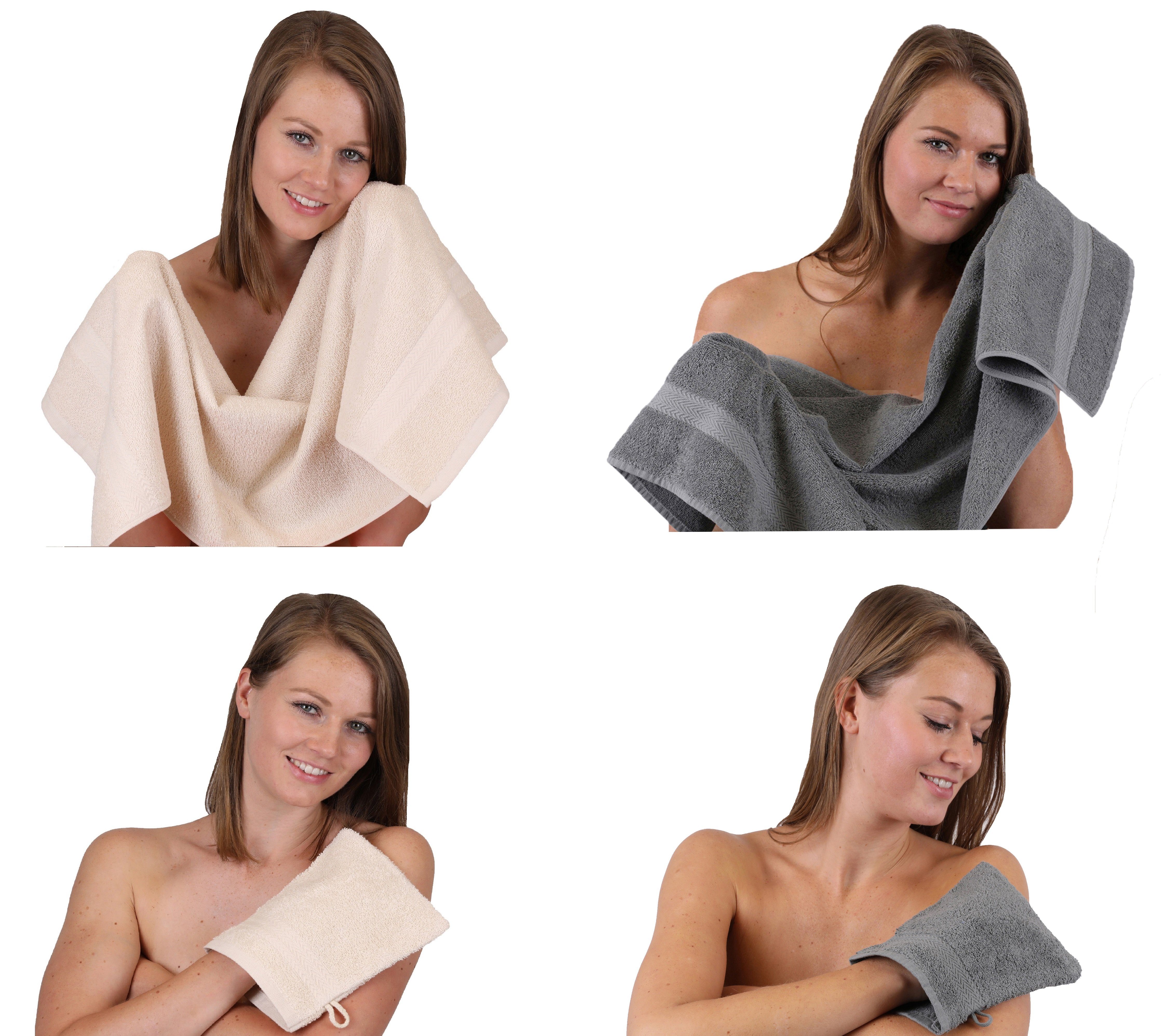 Betz Handtuch Set Handtuch 4 TLG. 100% Baumwolle Set grau 100% anthrazit Waschhandschuhe, - 2 Baumwolle 2 Handtücher Happy sand Pack