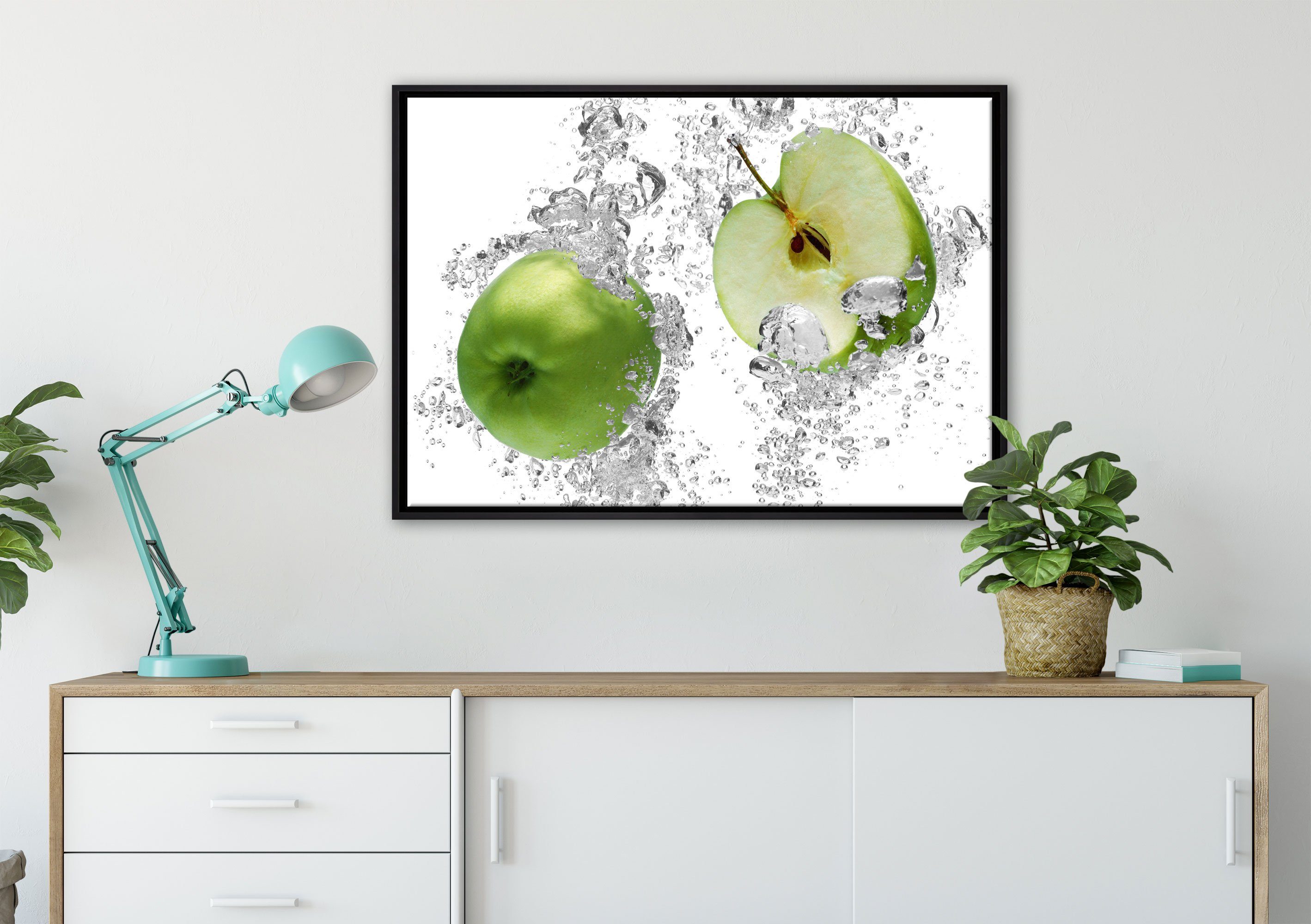 Pixxprint Leinwandbild saftig grüne Äpfel fertig bespannt, gefasst, einem Leinwandbild inkl. in Schattenfugen-Bilderrahmen (1 St), Zackenaufhänger Wanddekoration Wasser, im