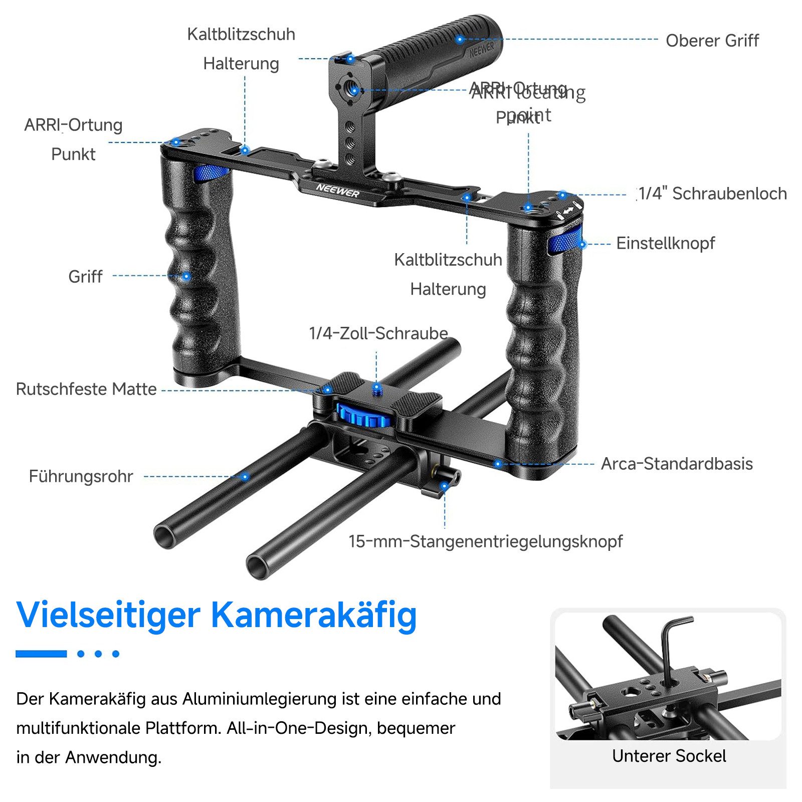 Neewer Kamerahalterung VS107 Montageset für Videokamera aus Aluminiumlegierung, mit 2 Griffen, (Packung, 15-mm-Schäften, für Sony Canon DSLR Mirrorless Kamera)