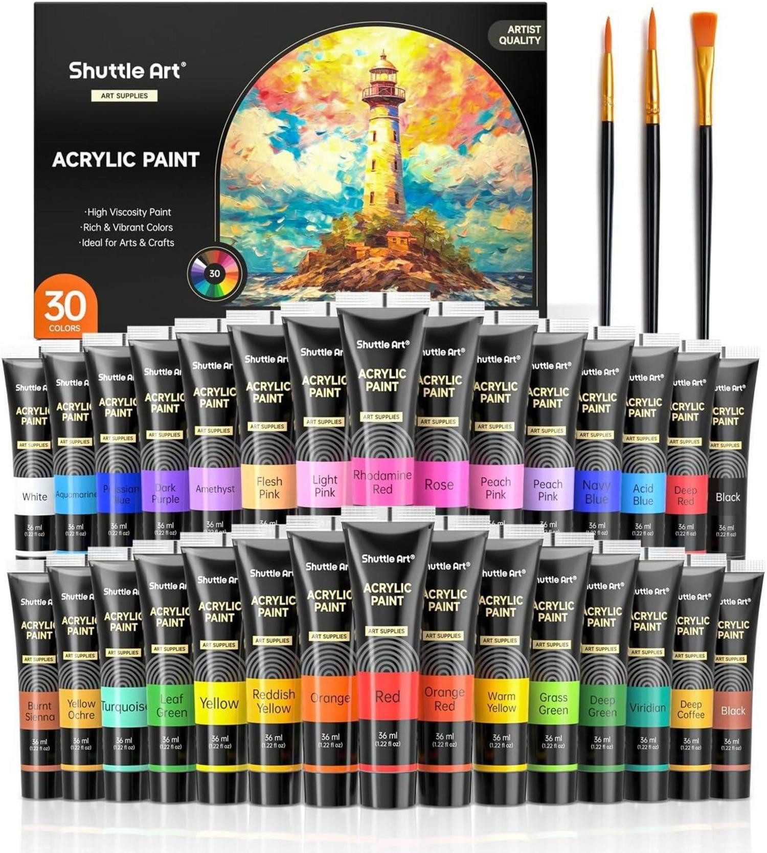 Shuttle Art Pinselstift Acrylfarben Set 30 Farben Tuben 36ml 3 Pinselset ungiftig säurefrei