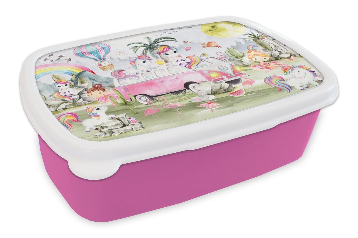 MuchoWow Lunchbox Einhorn - Regenbogen - Kinder - Mädchen - Auto, Kunststoff, (2-tlg), Brotbox für Erwachsene, Brotdose Kinder, Snackbox, Mädchen, Kunststoff rosa