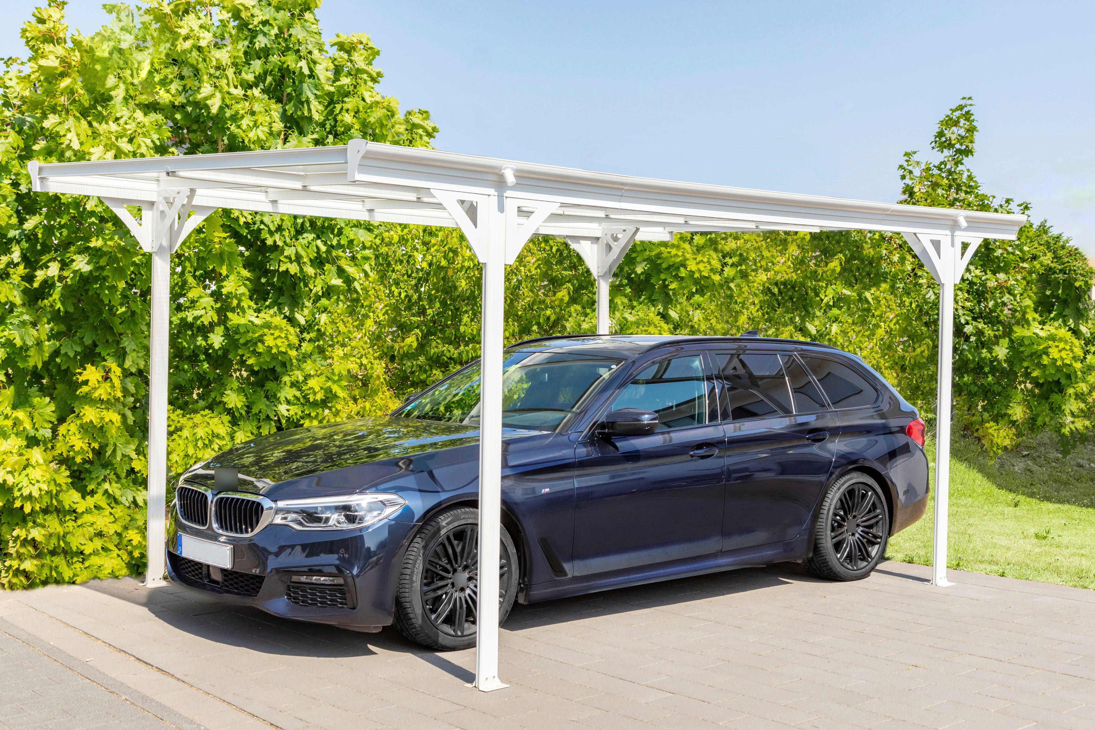 WESTMANN Einzelcarport Flachdach, BxT: 305x503 cm, 217 cm Einfahrtshöhe, aus Aluminium, inkl. Regenrinne und Schrauben-Kit