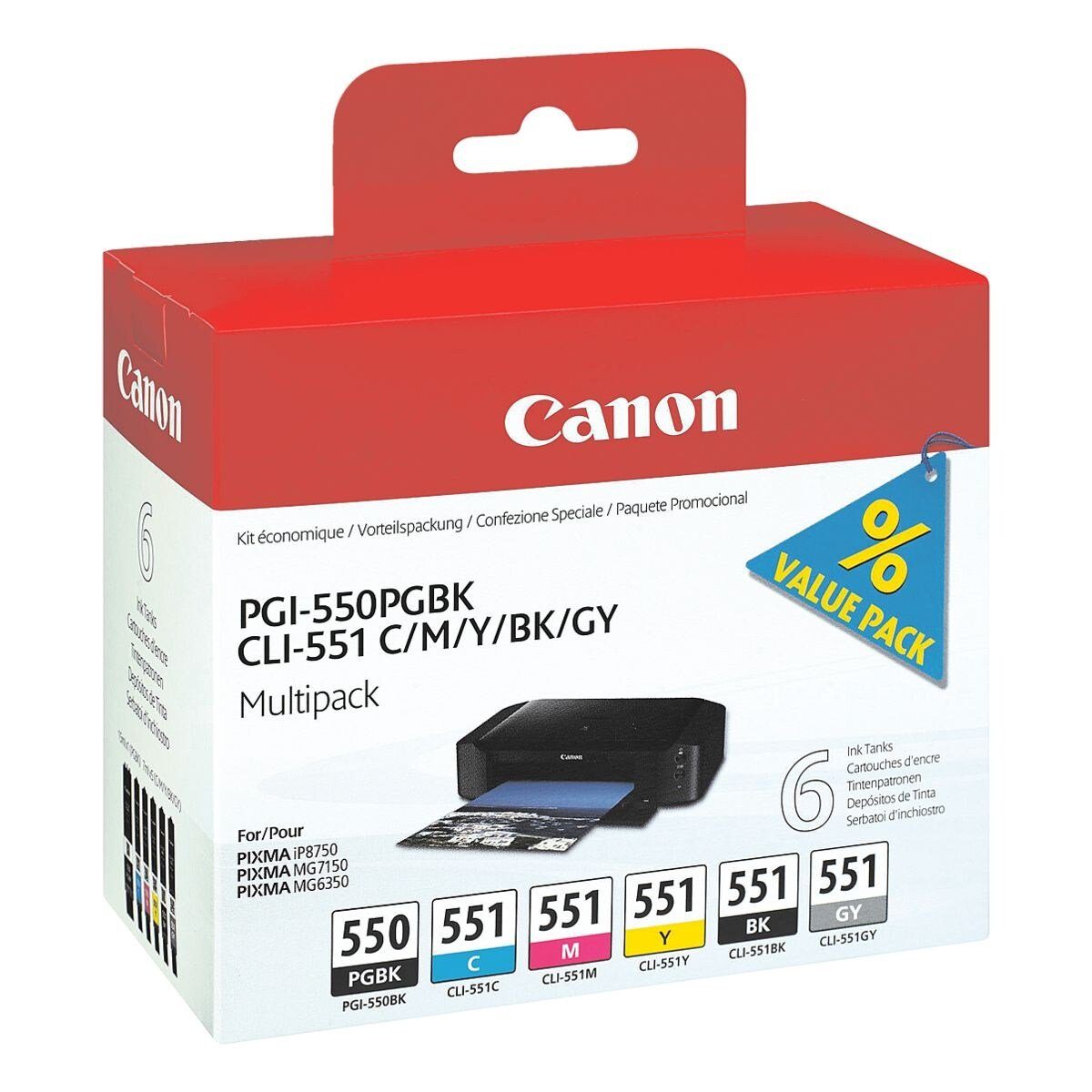 Canon PGI-550PGBK / CLI-551BK/C/M/Y/GY Tintenpatrone (6-tlg., Original Set, schwarz (Tintentank), schwarz, cyan, magenta, gelb, grau)